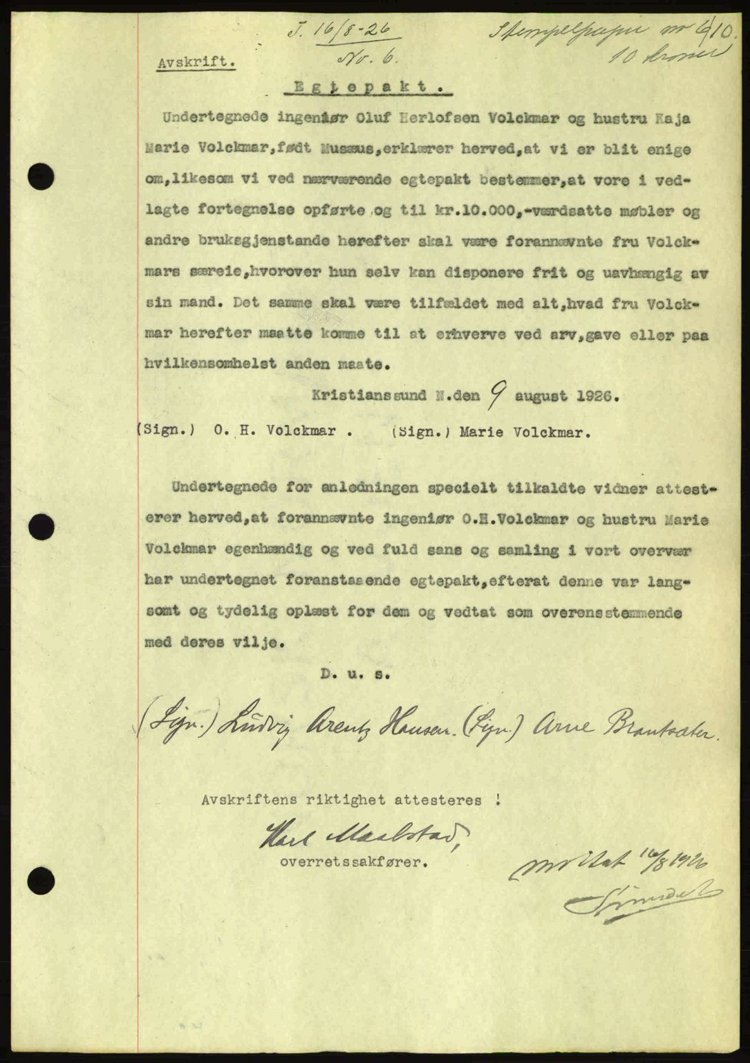 Kristiansund byfogd, AV/SAT-A-4587/A/27: Pantebok nr. 21, 1926-1928, Tingl.dato: 16.08.1926