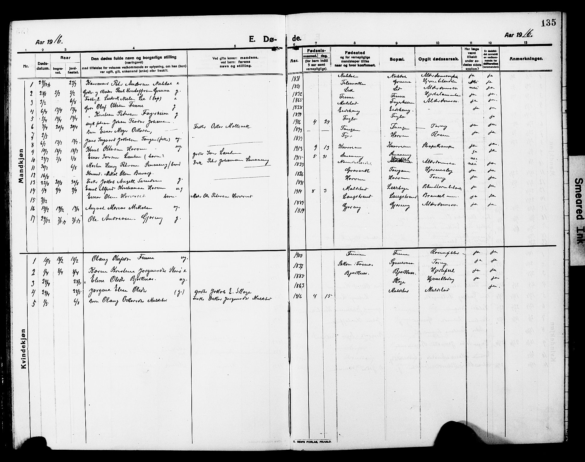 Ministerialprotokoller, klokkerbøker og fødselsregistre - Nord-Trøndelag, SAT/A-1458/780/L0653: Klokkerbok nr. 780C05, 1911-1927, s. 135
