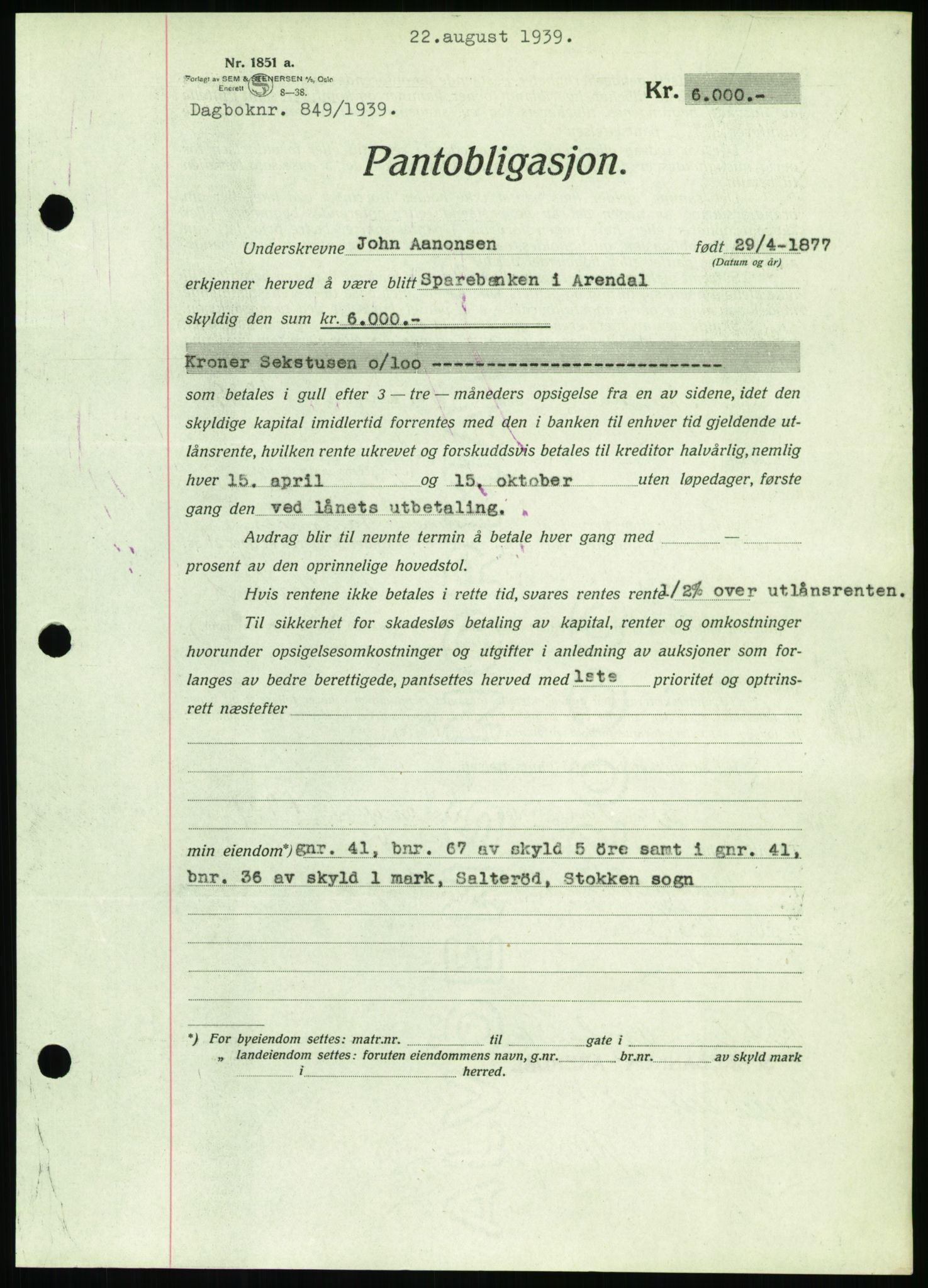 Nedenes sorenskriveri, SAK/1221-0006/G/Gb/Gbb/L0001: Pantebok nr. I, 1939-1942, Dagboknr: 849/1939