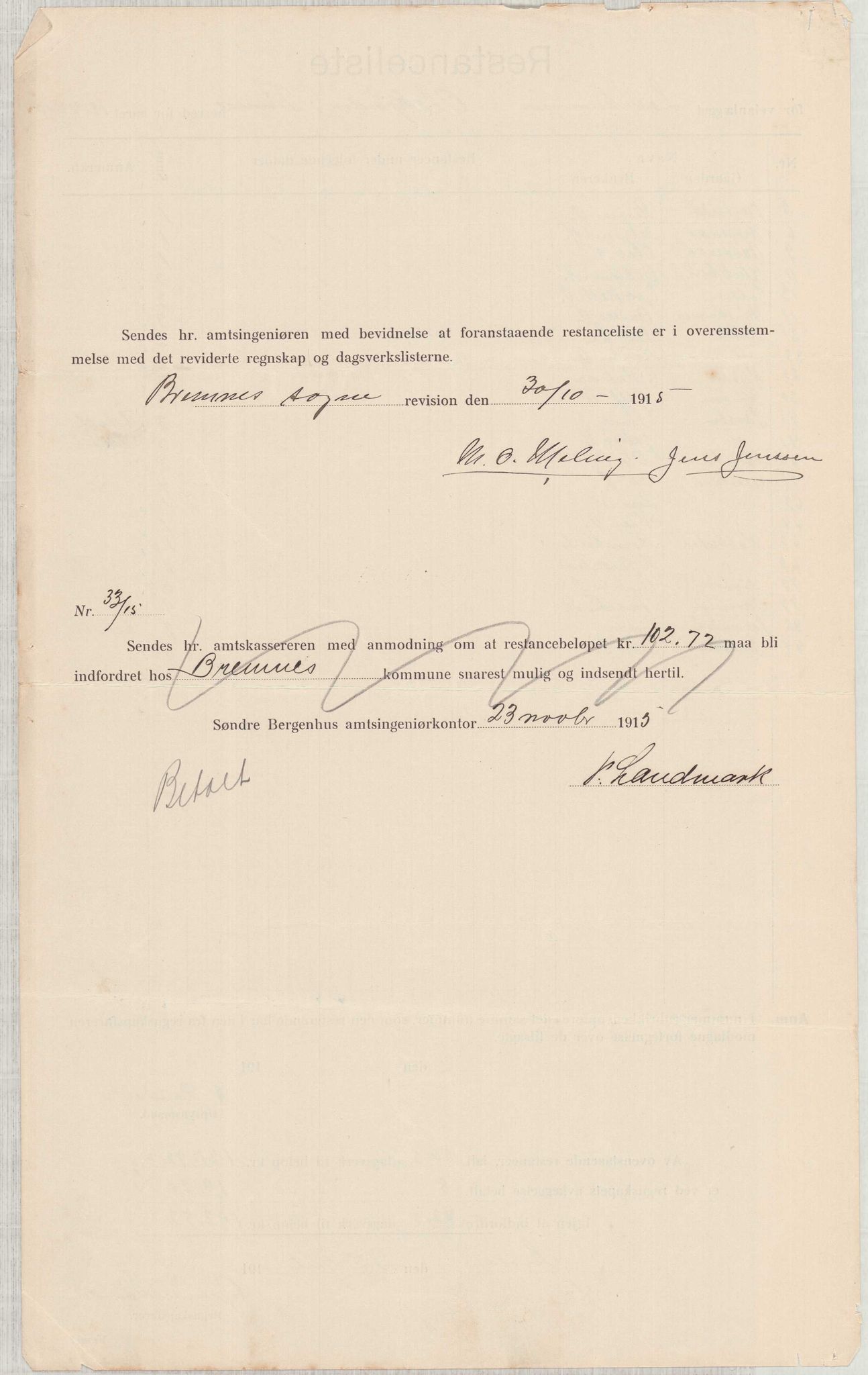 Finnaas kommune. Formannskapet, IKAH/1218a-021/E/Ea/L0001/0004: Rekneskap for veganlegg / Rekneskap for veganlegget Laurhammer - Olakjødn, 1913-1916, s. 39