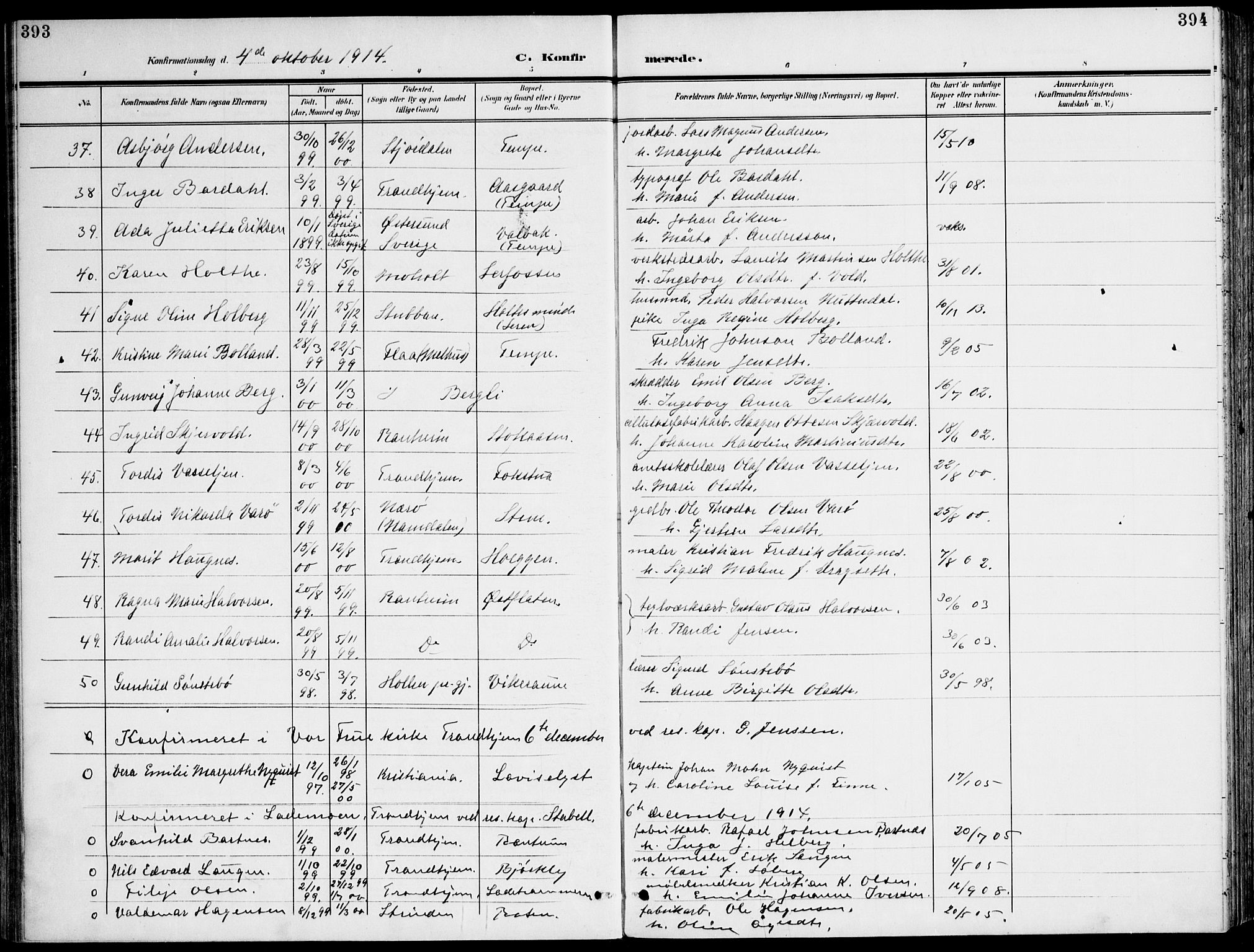 Ministerialprotokoller, klokkerbøker og fødselsregistre - Sør-Trøndelag, SAT/A-1456/607/L0320: Ministerialbok nr. 607A04, 1907-1915, s. 393-394