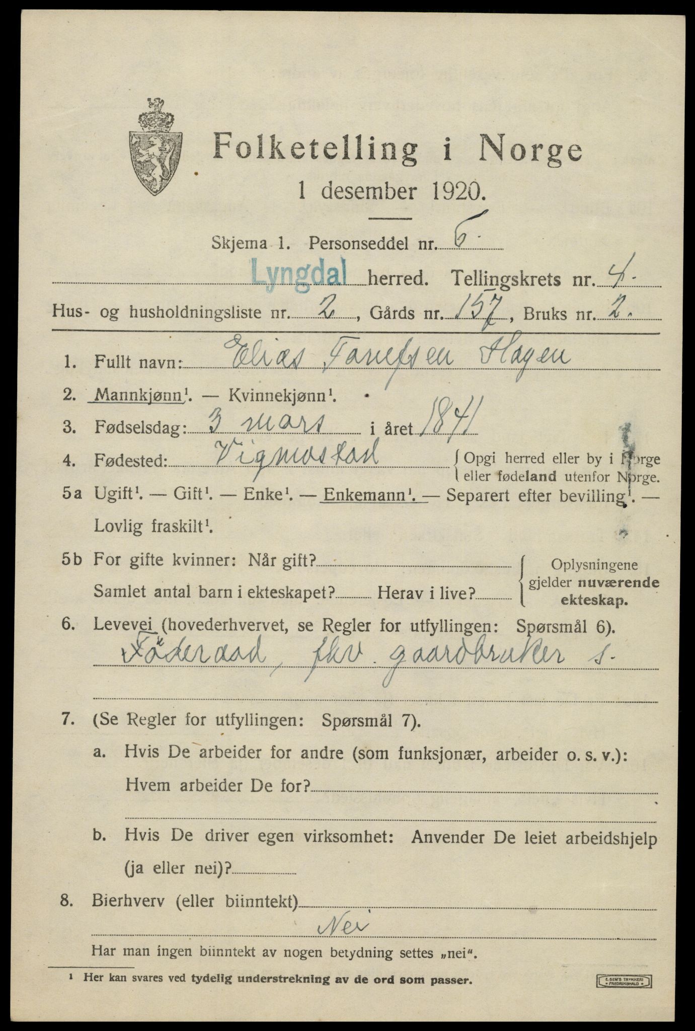 SAK, Folketelling 1920 for 1032 Lyngdal herred, 1920, s. 2403
