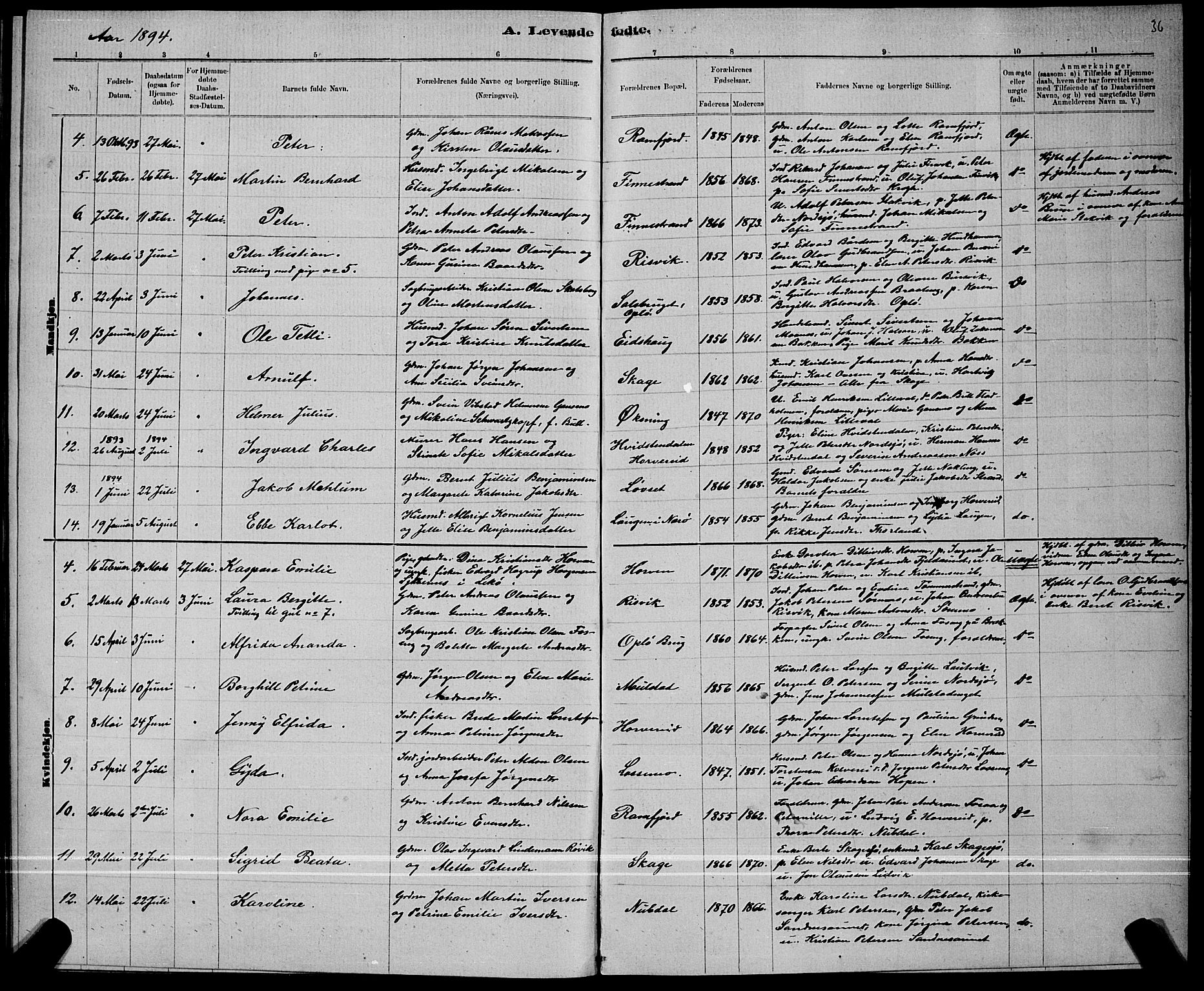 Ministerialprotokoller, klokkerbøker og fødselsregistre - Nord-Trøndelag, SAT/A-1458/780/L0651: Klokkerbok nr. 780C03, 1884-1898, s. 36