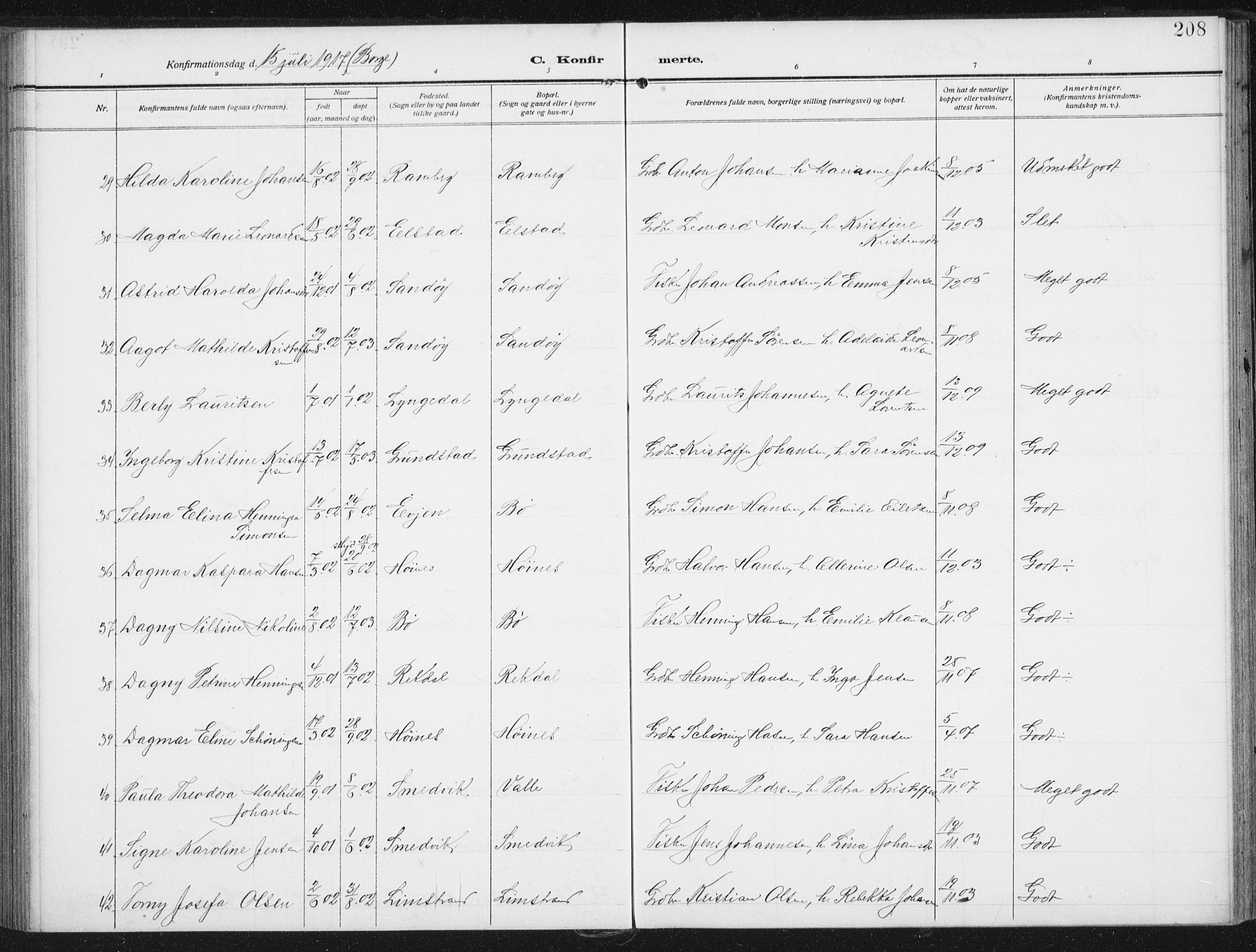 Ministerialprotokoller, klokkerbøker og fødselsregistre - Nordland, AV/SAT-A-1459/880/L1135: Ministerialbok nr. 880A09, 1908-1919, s. 208