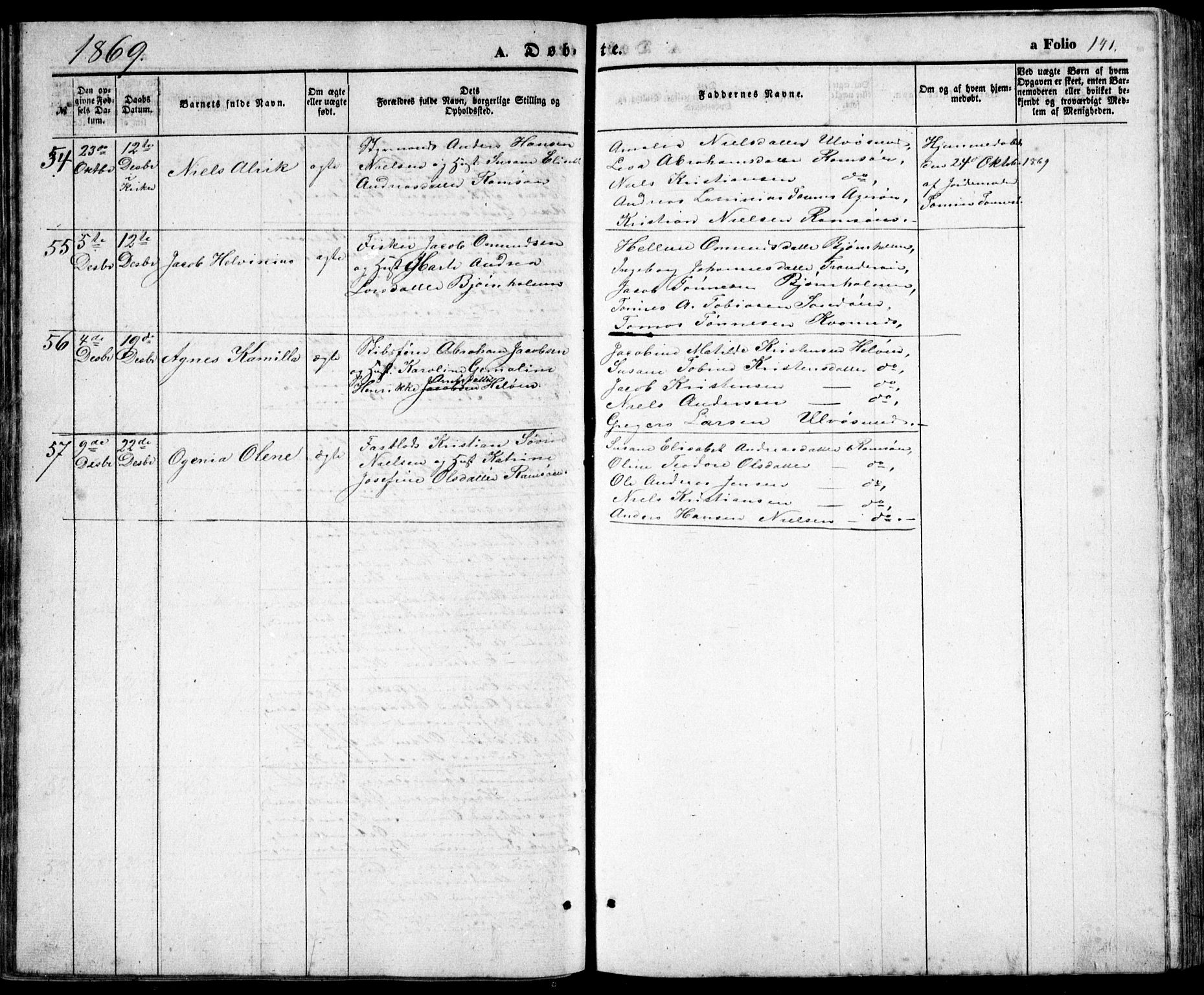Høvåg sokneprestkontor, AV/SAK-1111-0025/F/Fb/L0002: Klokkerbok nr. B 2, 1847-1869, s. 141