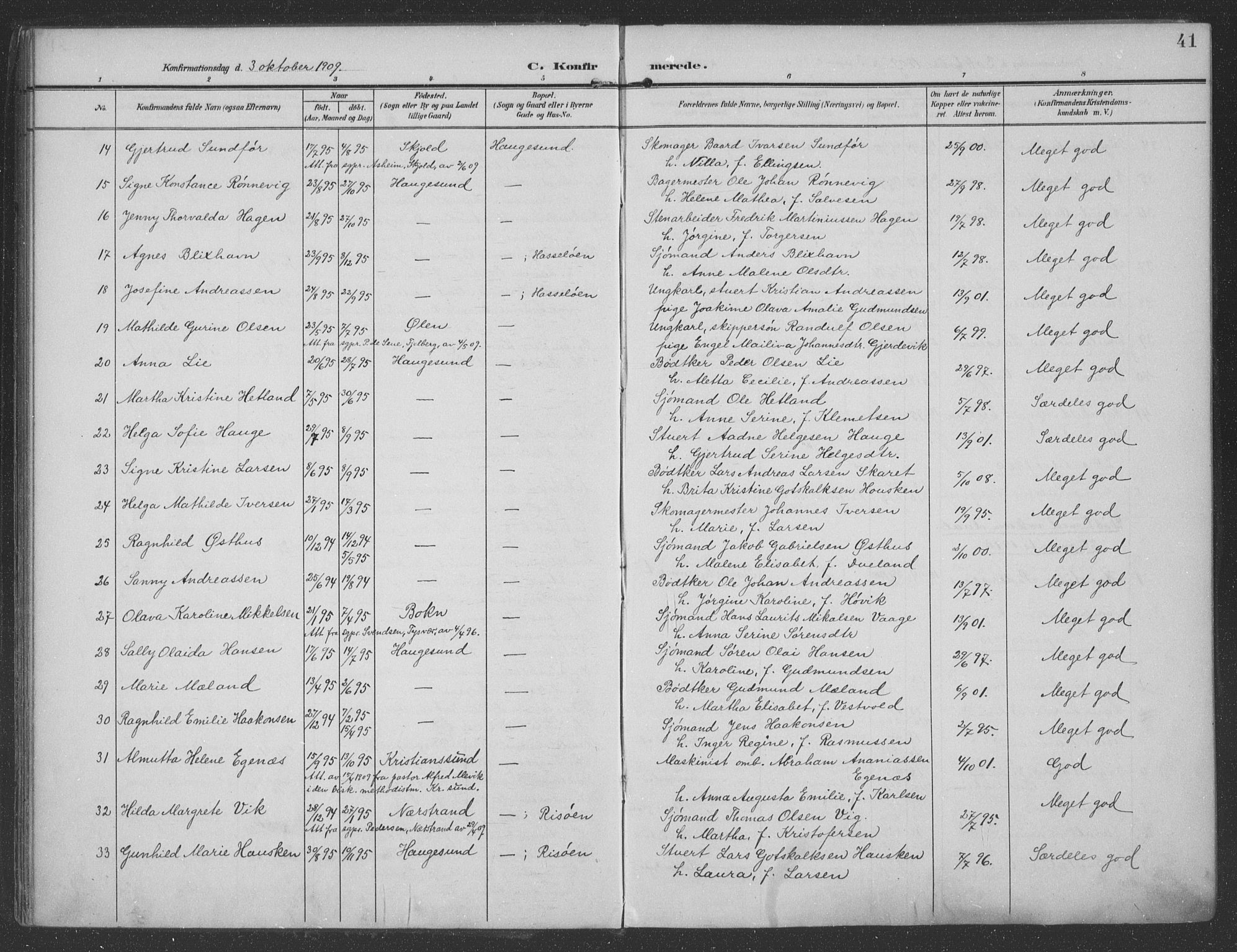 Haugesund sokneprestkontor, AV/SAST-A -101863/H/Ha/Haa/L0007: Ministerialbok nr. A 7, 1904-1916, s. 41