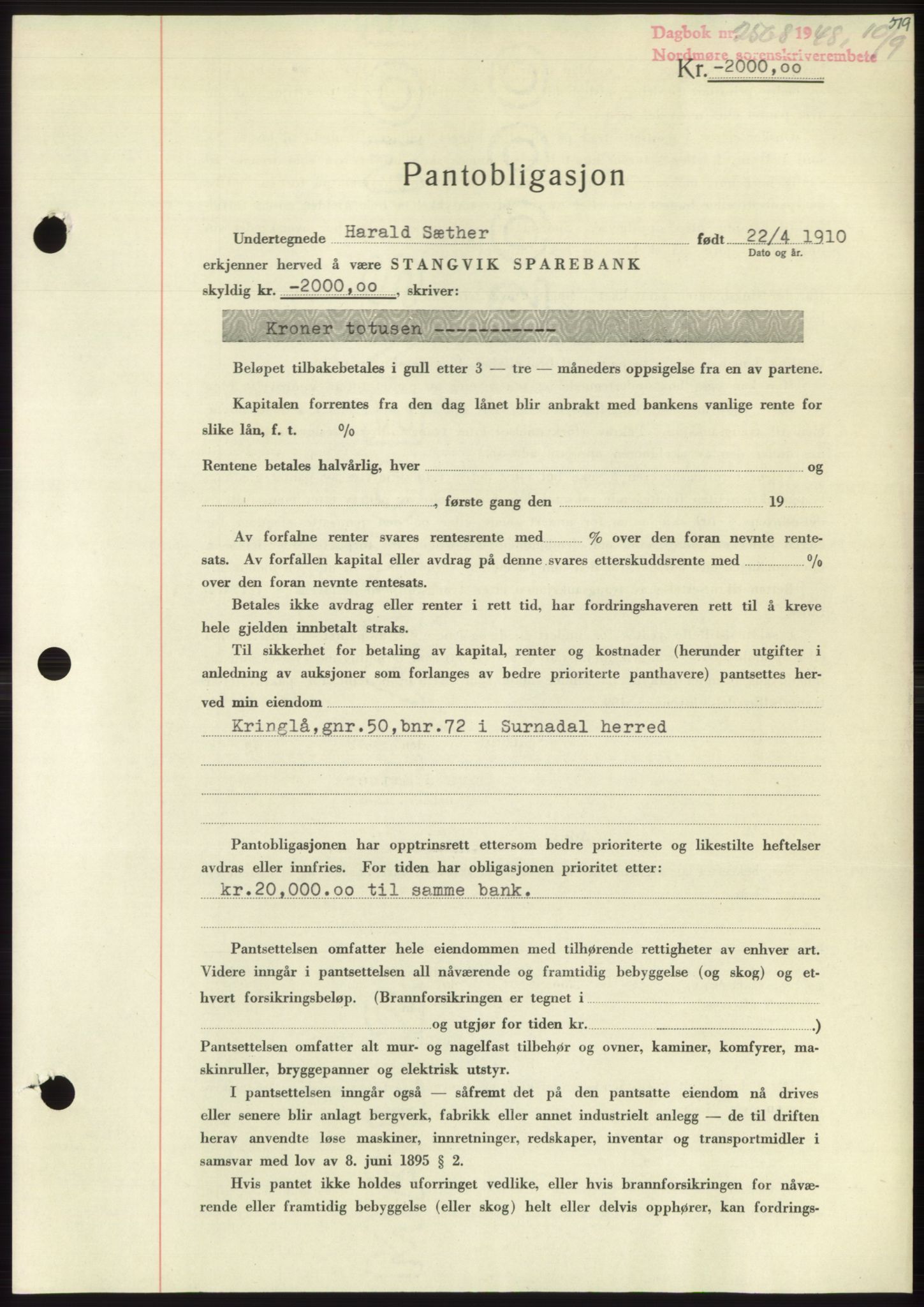 Nordmøre sorenskriveri, SAT/A-4132/1/2/2Ca: Pantebok nr. B99, 1948-1948, Dagboknr: 2568/1948