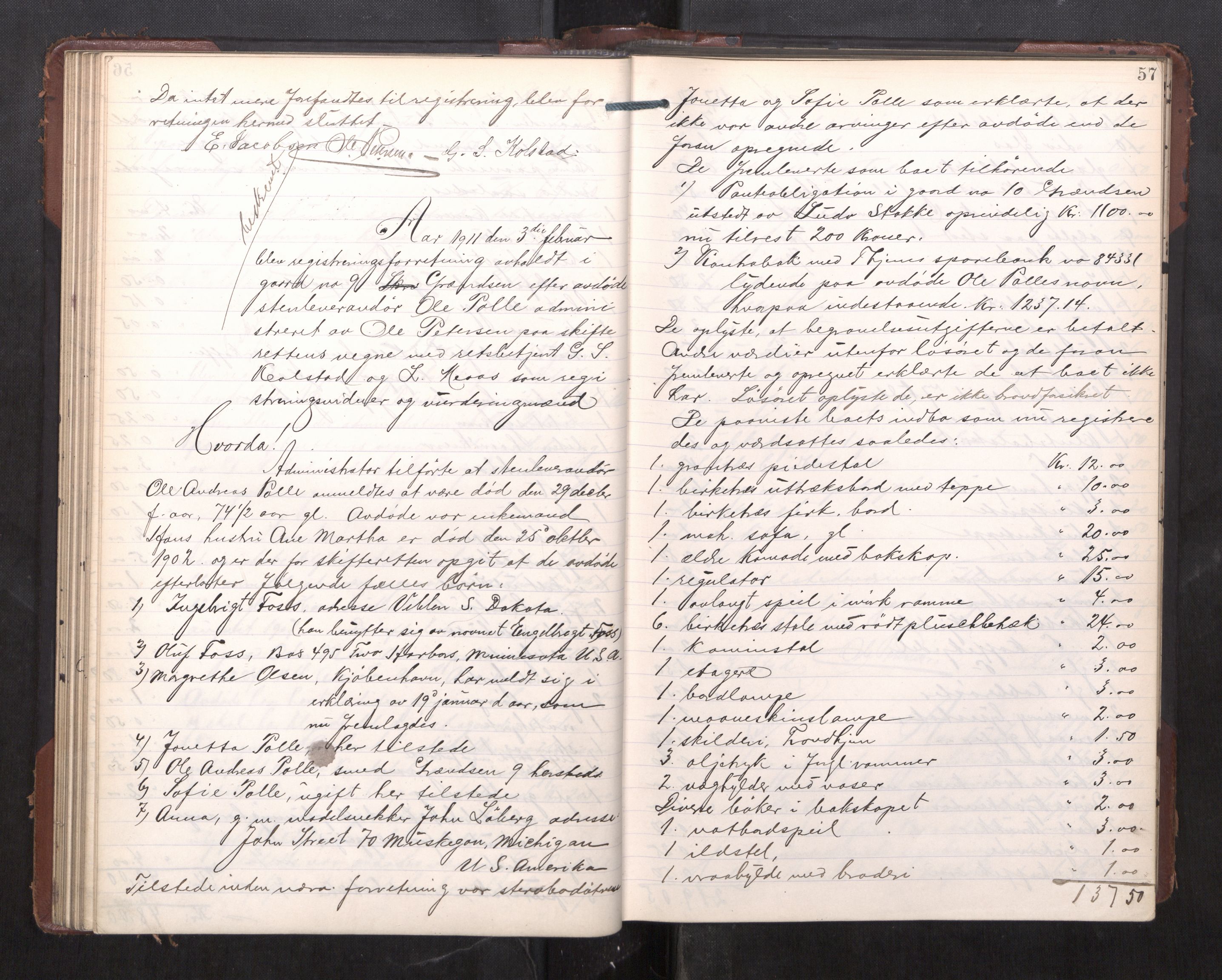 Trondheim byfogd, AV/SAT-A-0003/1/3/3C/L0030: Skifteregistreringsprotokoll - 29/8-26/9. (u/ register), 1910-1913, s. 57