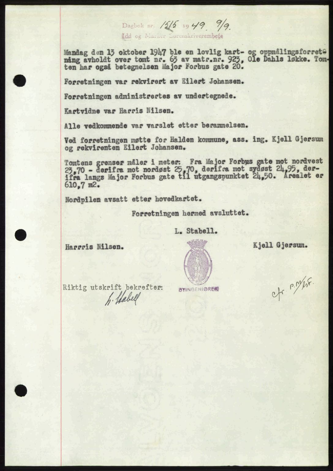 Idd og Marker sorenskriveri, SAO/A-10283/G/Gb/Gbb/L0012: Pantebok nr. A12, 1949-1949, Dagboknr: 1515/1949