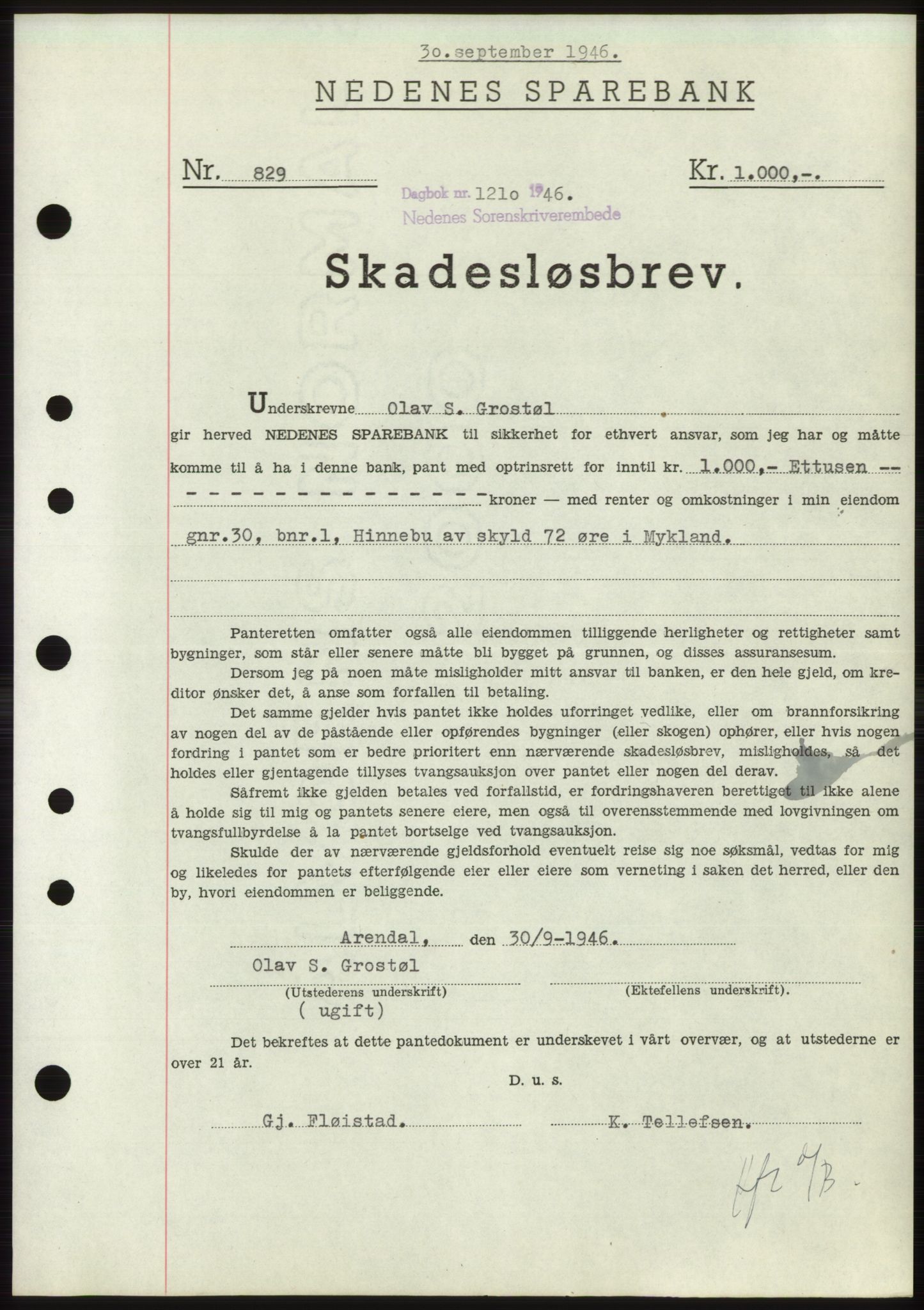 Nedenes sorenskriveri, SAK/1221-0006/G/Gb/Gbb/L0003: Pantebok nr. B3b, 1946-1946, Dagboknr: 1210/1946