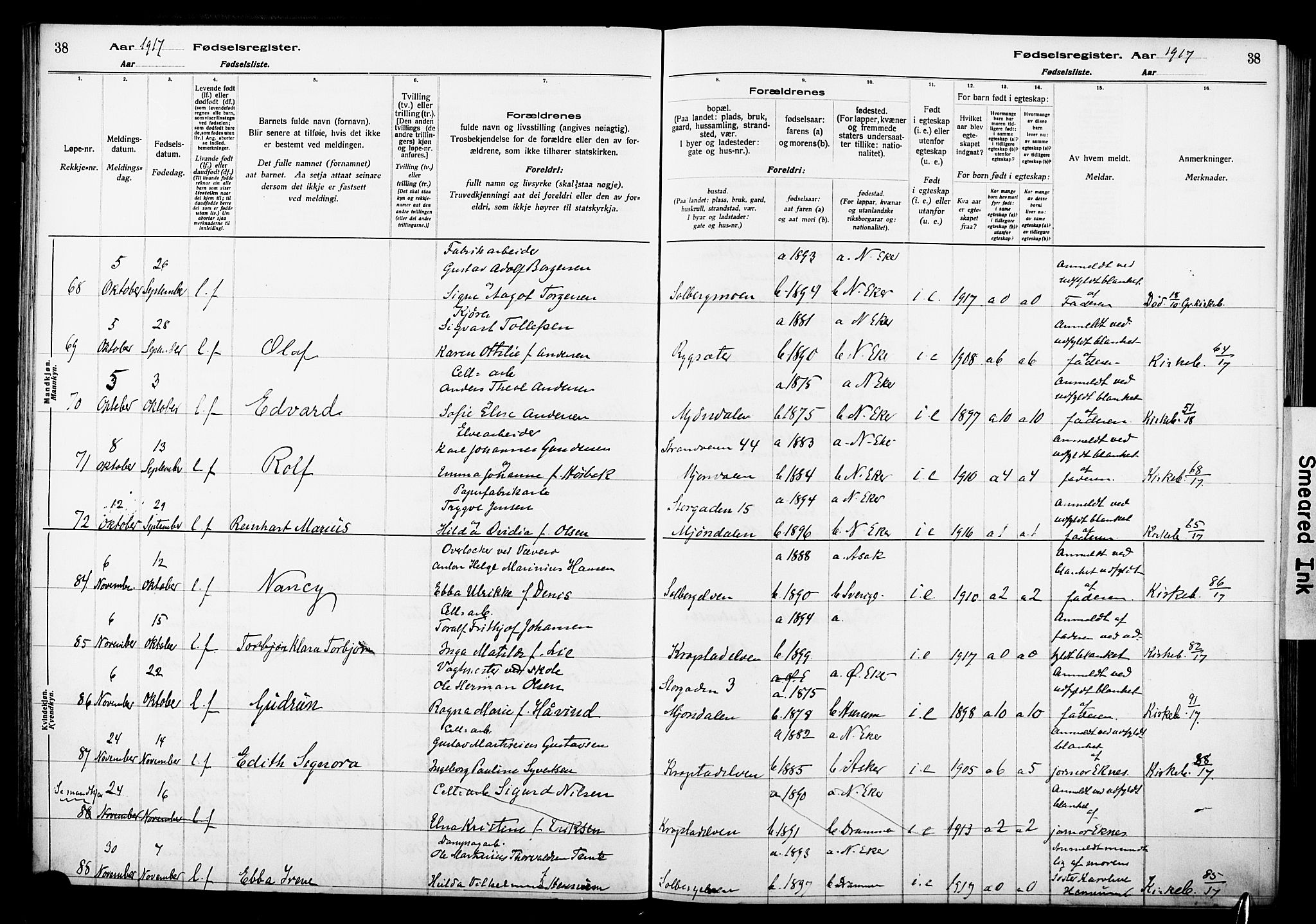 Nedre Eiker kirkebøker, AV/SAKO-A-612/J/Ja/L0001: Fødselsregister nr. 1, 1916-1925, s. 38
