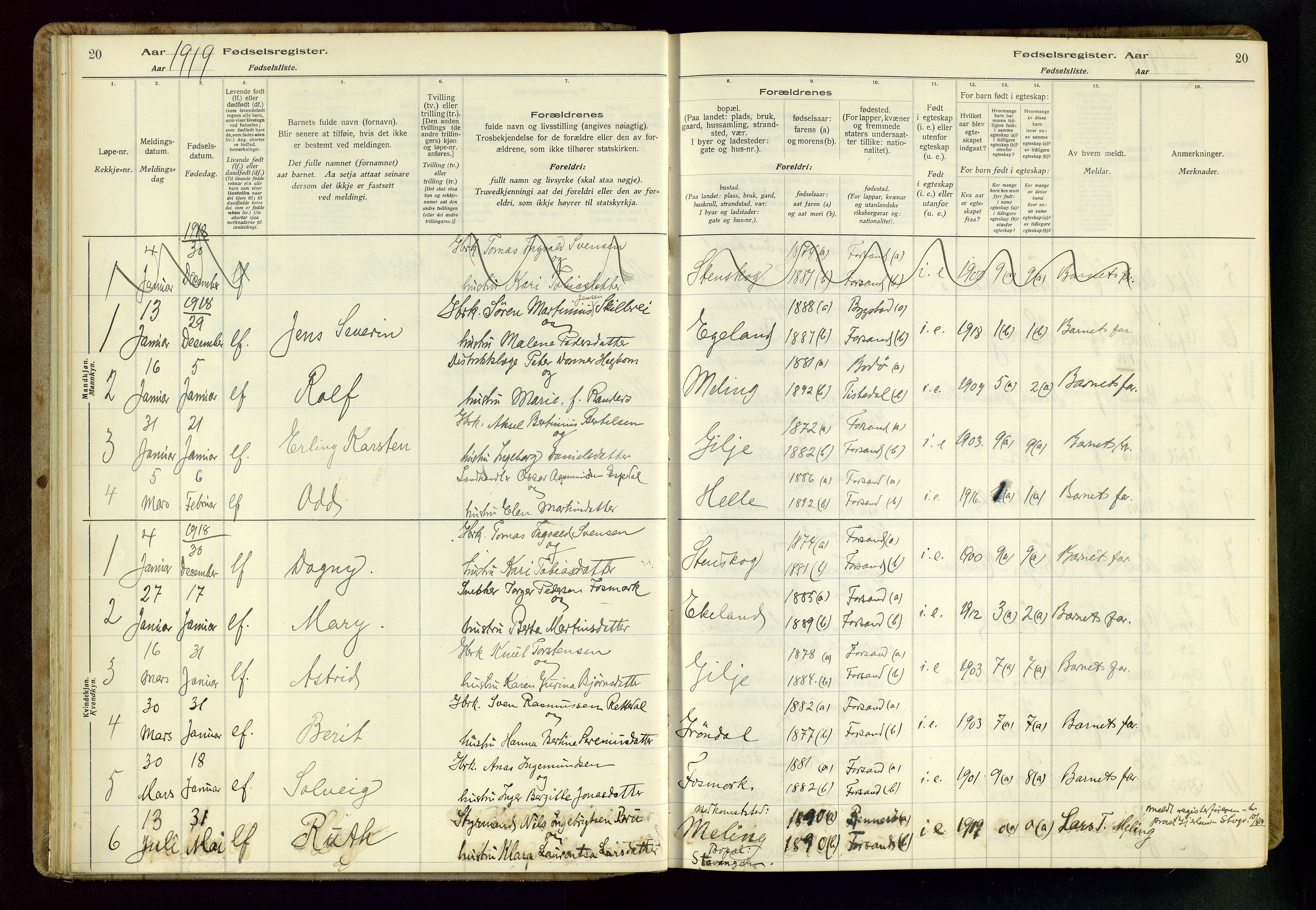 Høgsfjord sokneprestkontor, AV/SAST-A-101624/I/Id/L0002: Fødselsregister nr. 2, 1916-1959, s. 20