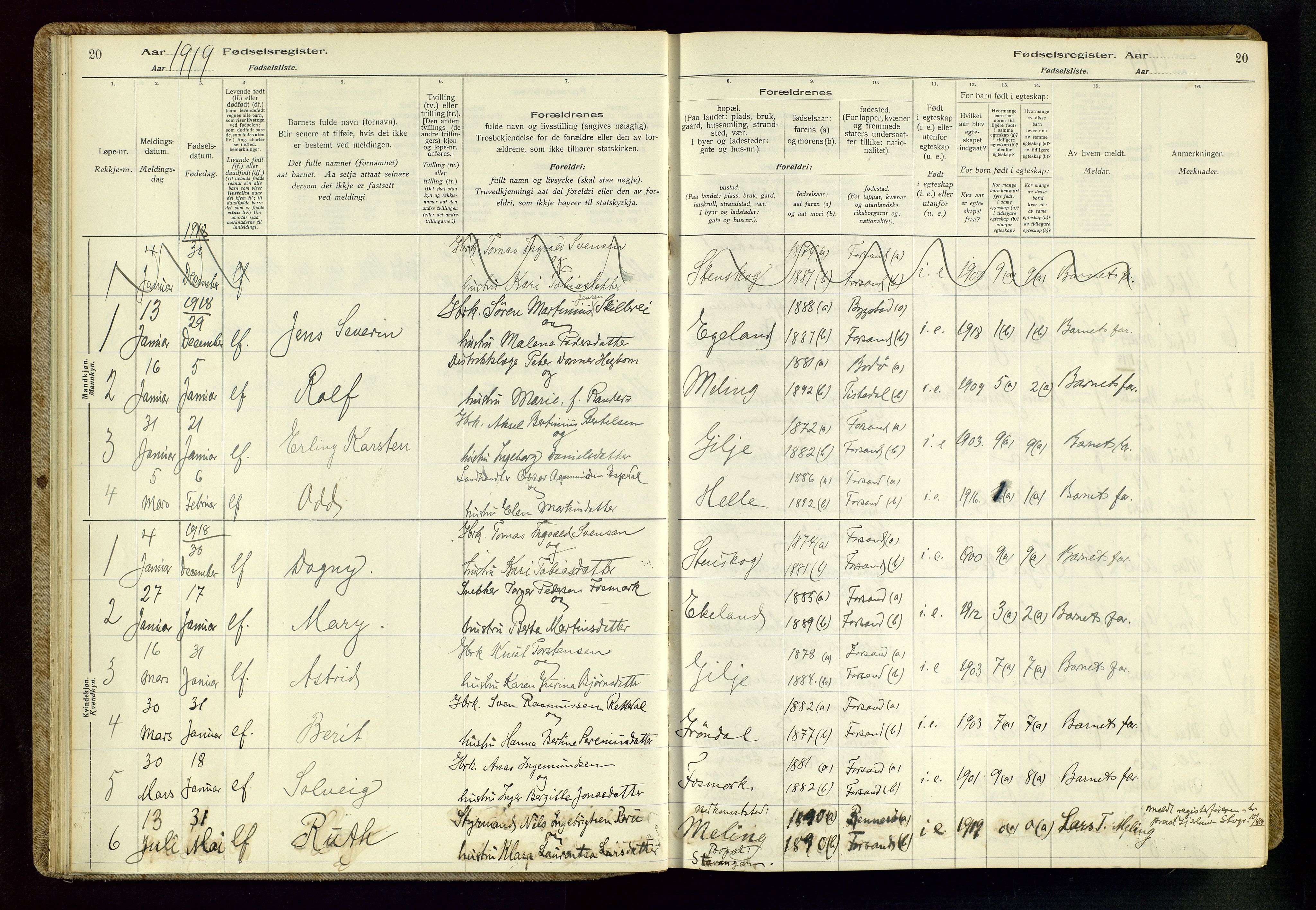 Høgsfjord sokneprestkontor, SAST/A-101624/I/Id/L0002: Fødselsregister nr. 2, 1916-1959, s. 20