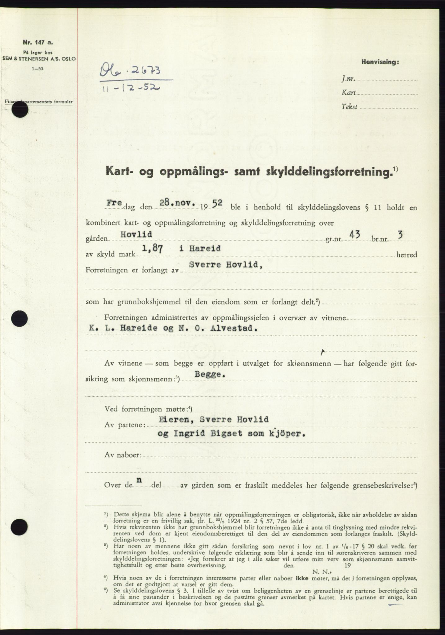 Søre Sunnmøre sorenskriveri, SAT/A-4122/1/2/2C/L0093: Pantebok nr. 19A, 1952-1953, Dagboknr: 2673/1952