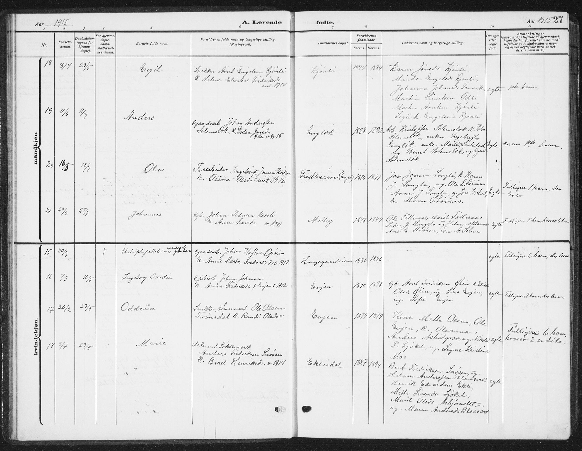 Ministerialprotokoller, klokkerbøker og fødselsregistre - Sør-Trøndelag, AV/SAT-A-1456/668/L0820: Klokkerbok nr. 668C09, 1912-1936, s. 27