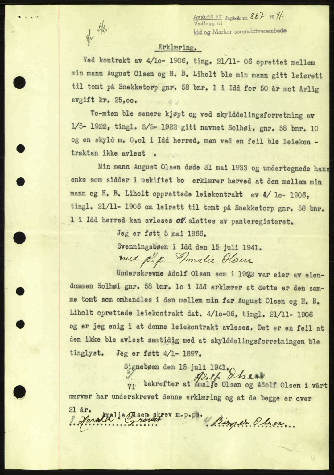 Idd og Marker sorenskriveri, AV/SAO-A-10283/G/Gb/Gbc/L0002: Pantebok nr. B4-9a, 1939-1945, Dagboknr: 867/1941