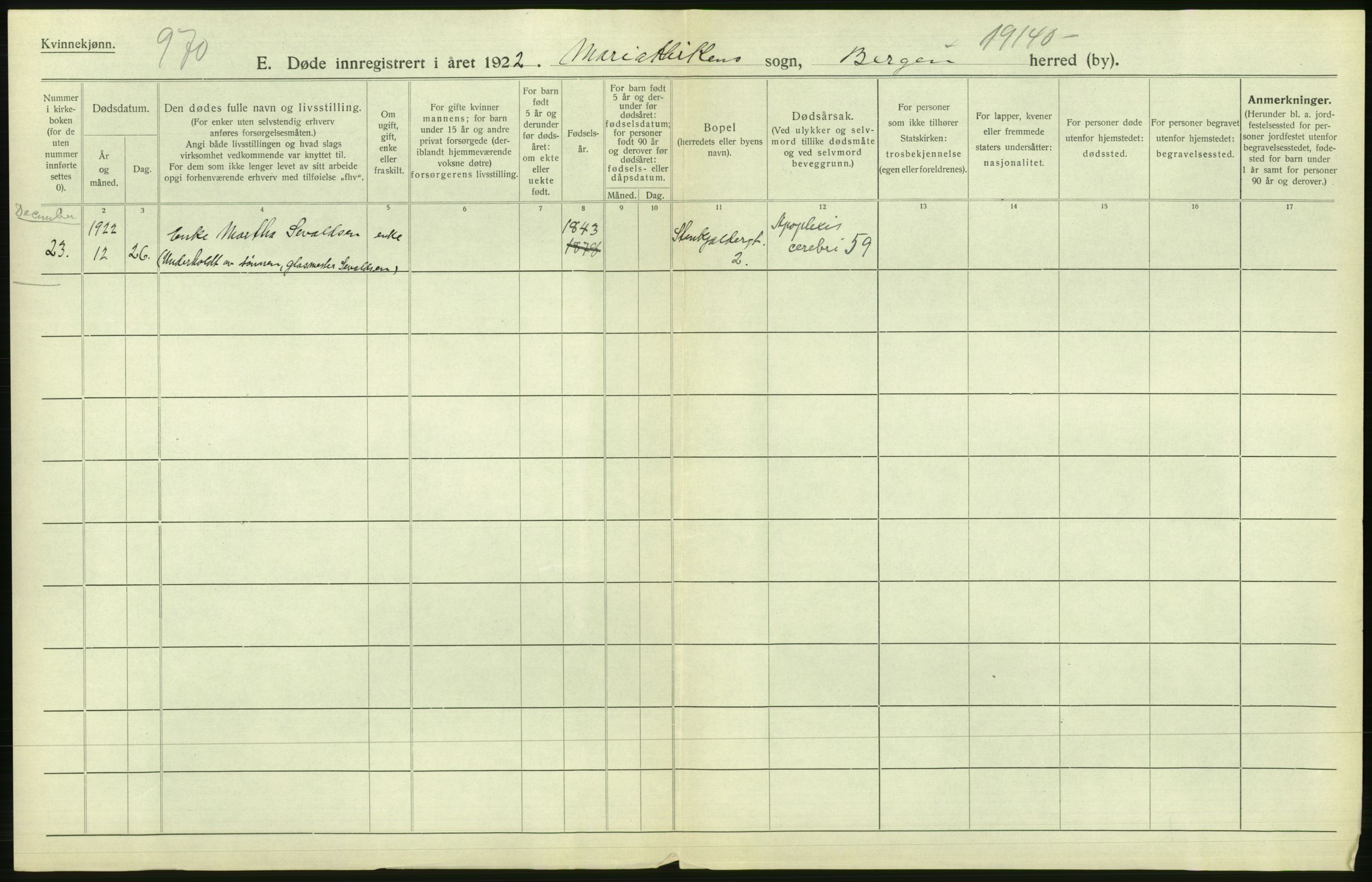 Statistisk sentralbyrå, Sosiodemografiske emner, Befolkning, RA/S-2228/D/Df/Dfc/Dfcb/L0030: Bergen: Gifte, døde, dødfødte., 1922, s. 580