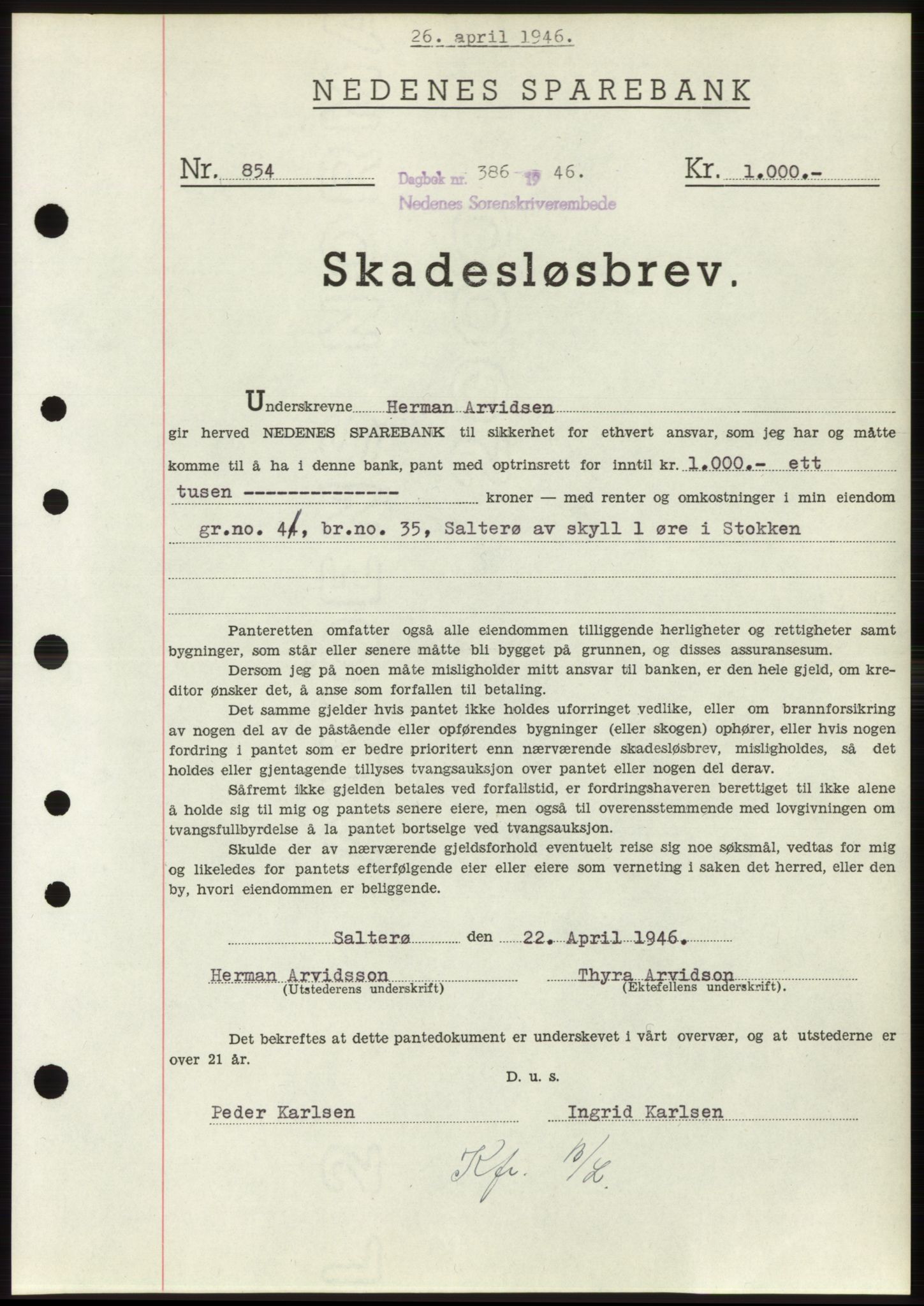 Nedenes sorenskriveri, AV/SAK-1221-0006/G/Gb/Gbb/L0003: Pantebok nr. B3b, 1946-1946, Dagboknr: 386/1946