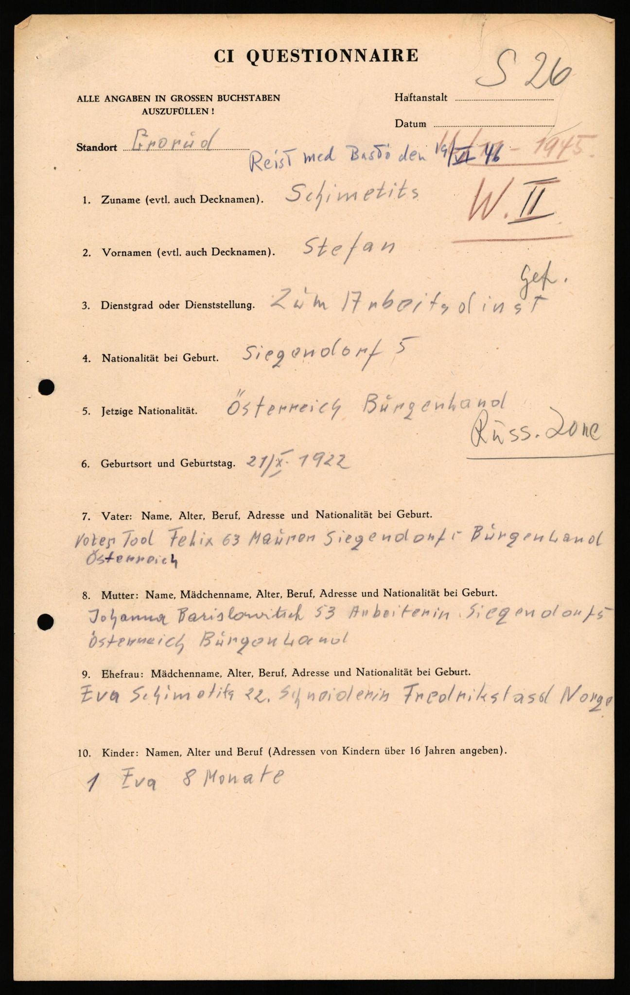 Forsvaret, Forsvarets overkommando II, AV/RA-RAFA-3915/D/Db/L0040: CI Questionaires. Tyske okkupasjonsstyrker i Norge. Østerrikere., 1945-1946, s. 168