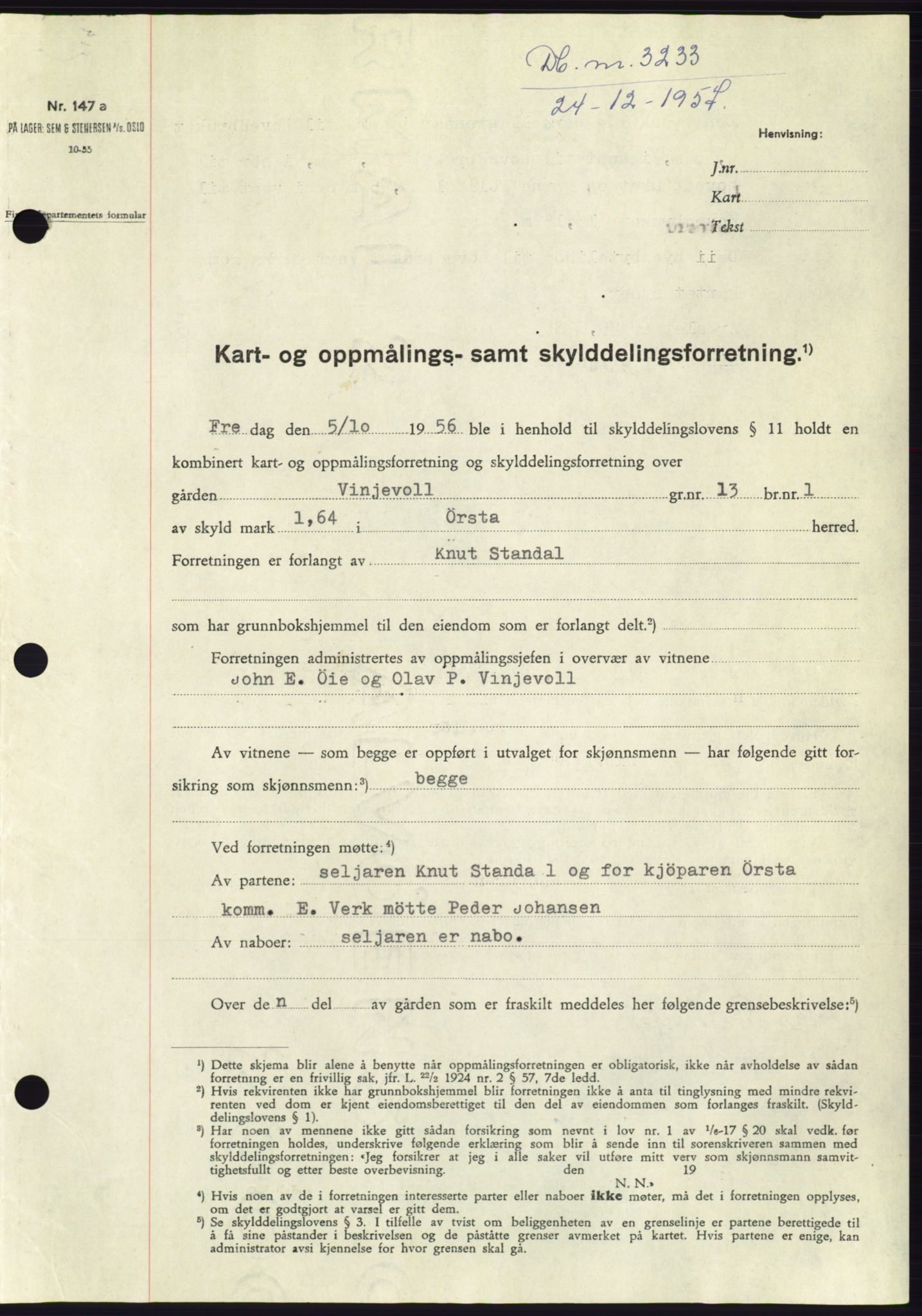 Søre Sunnmøre sorenskriveri, SAT/A-4122/1/2/2C/L0108: Pantebok nr. 34A, 1957-1958, Dagboknr: 3233/1957