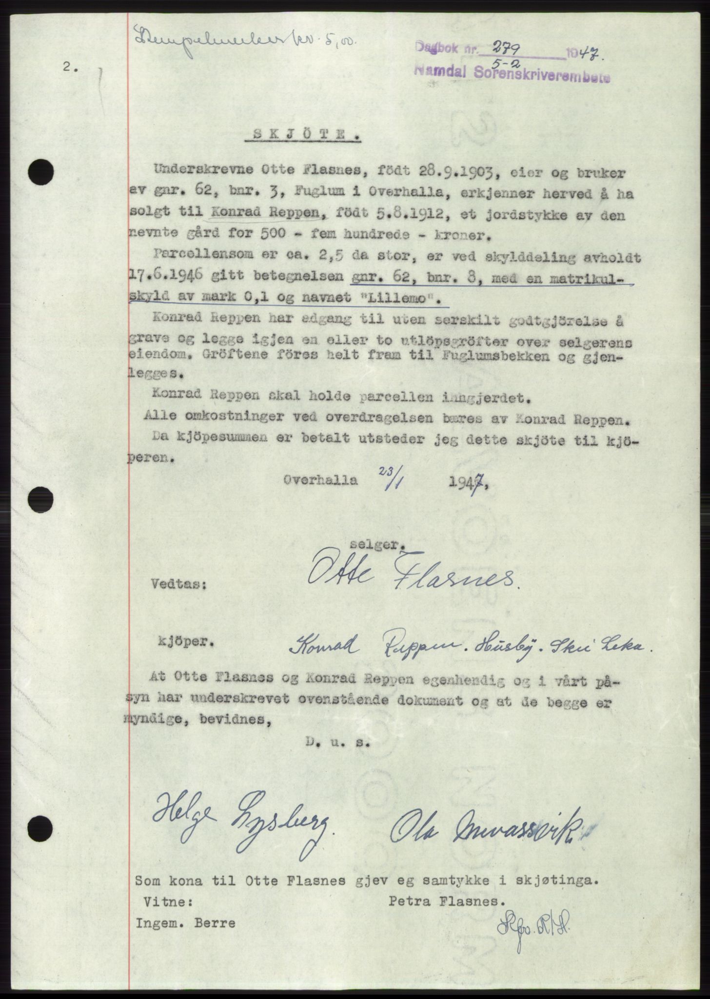 Namdal sorenskriveri, SAT/A-4133/1/2/2C: Pantebok nr. -, 1946-1947, Dagboknr: 279/1947