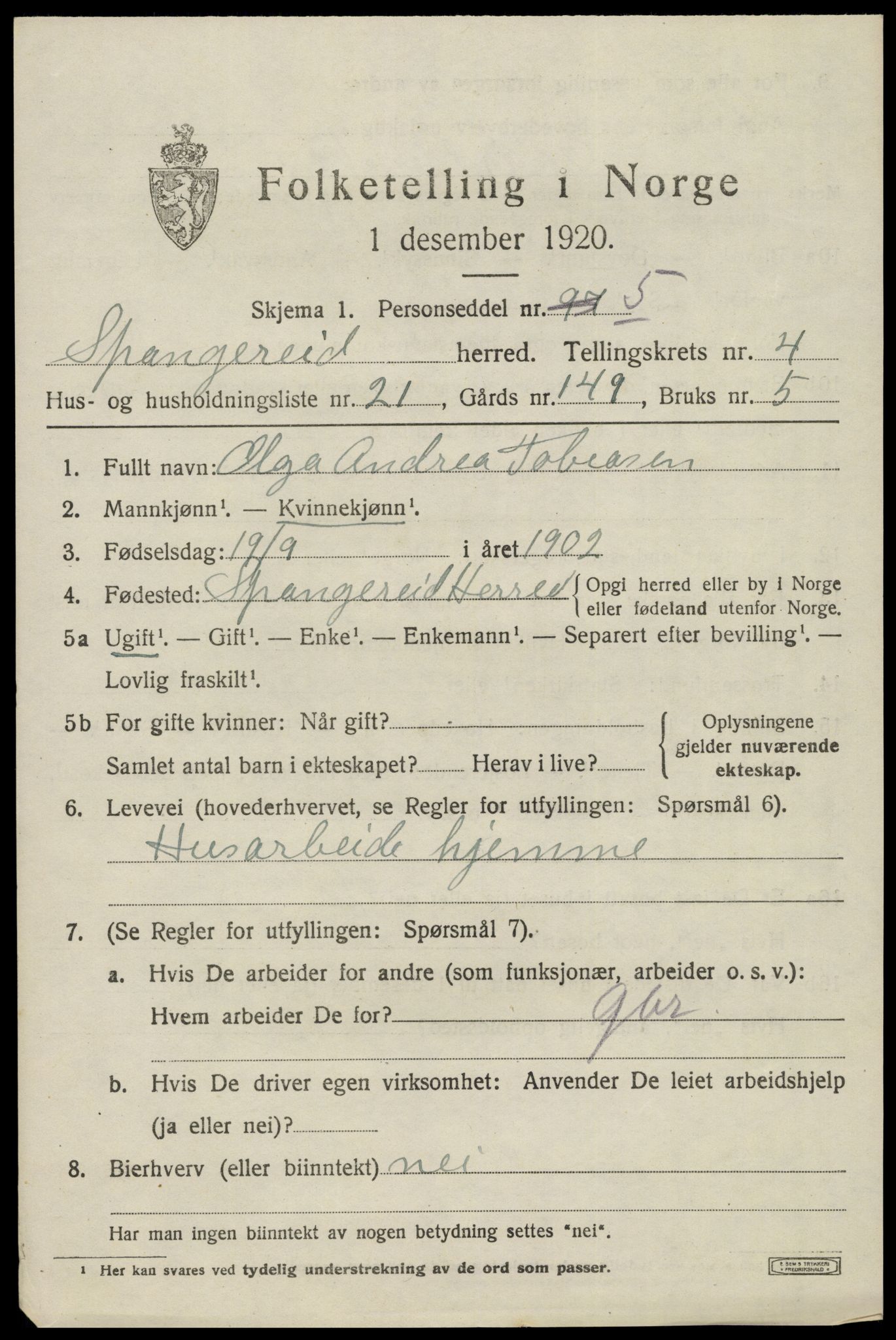 SAK, Folketelling 1920 for 1030 Spangereid herred, 1920, s. 1711