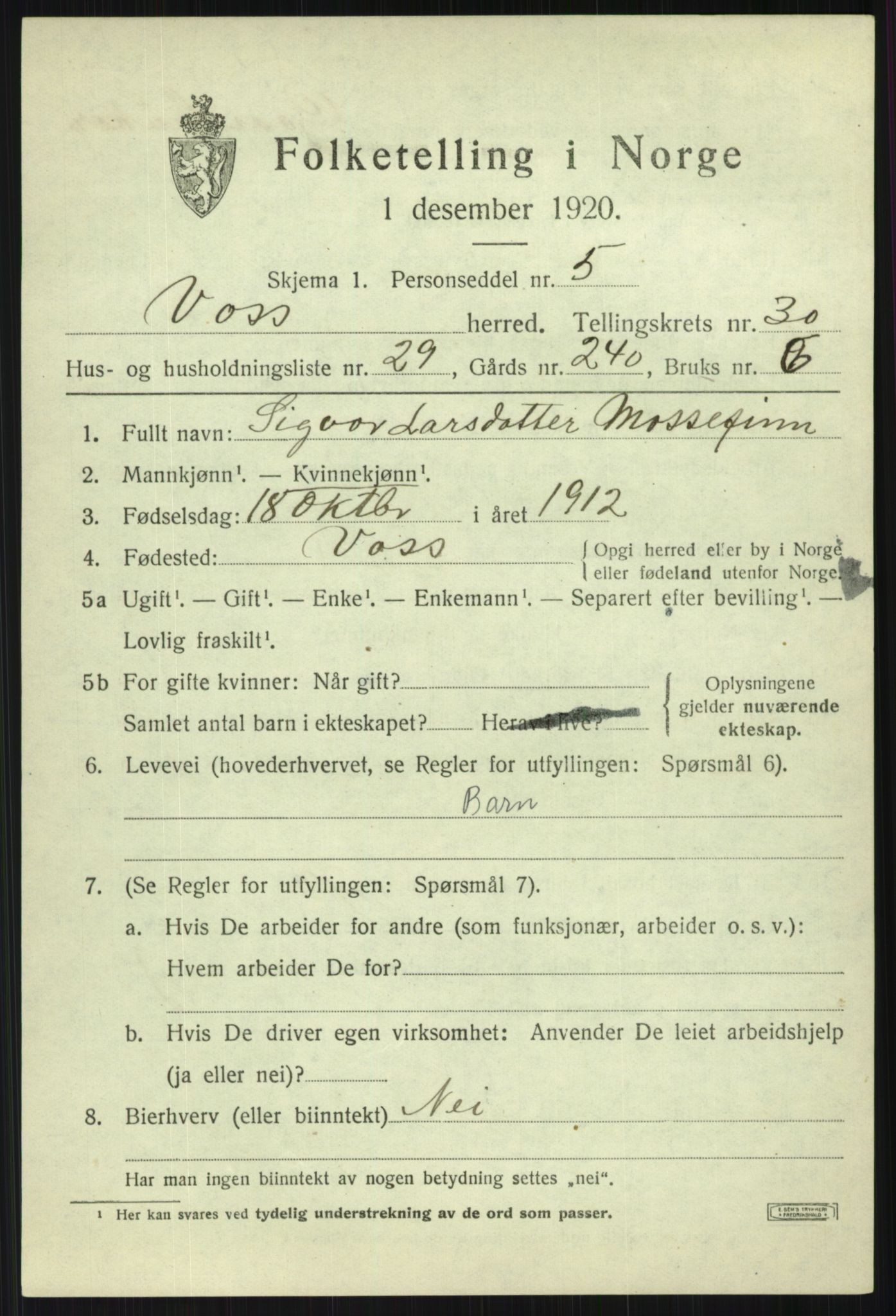 SAB, Folketelling 1920 for 1235 Voss herred, 1920, s. 19893