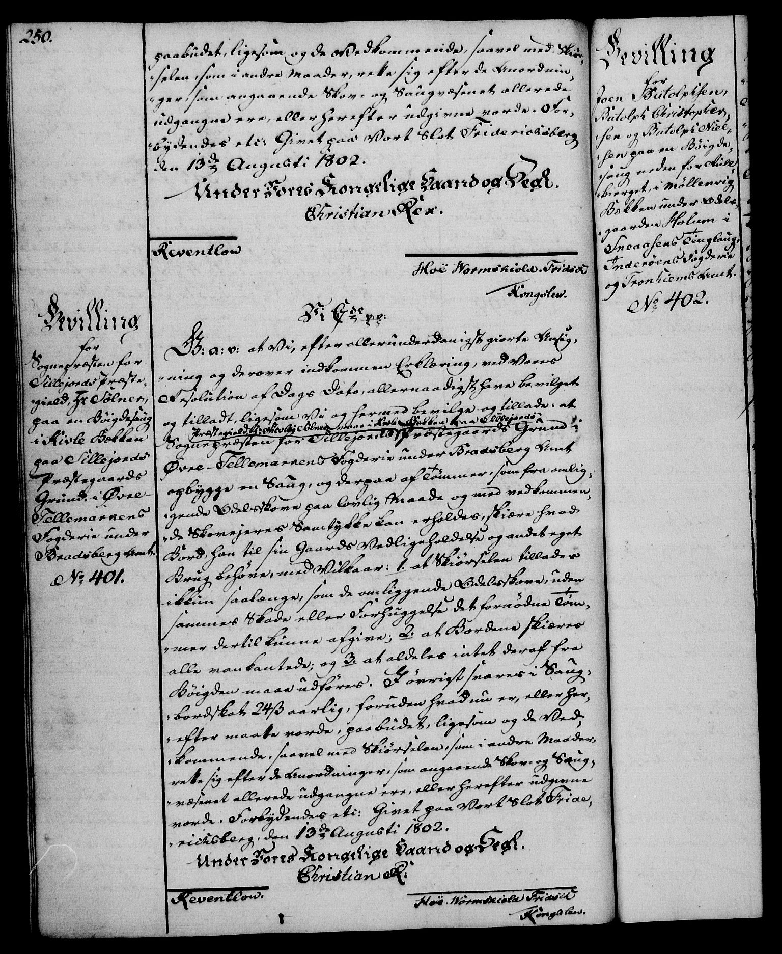 Rentekammeret, Kammerkanselliet, AV/RA-EA-3111/G/Gg/Gga/L0017: Norsk ekspedisjonsprotokoll med register (merket RK 53.17), 1801-1803, s. 250