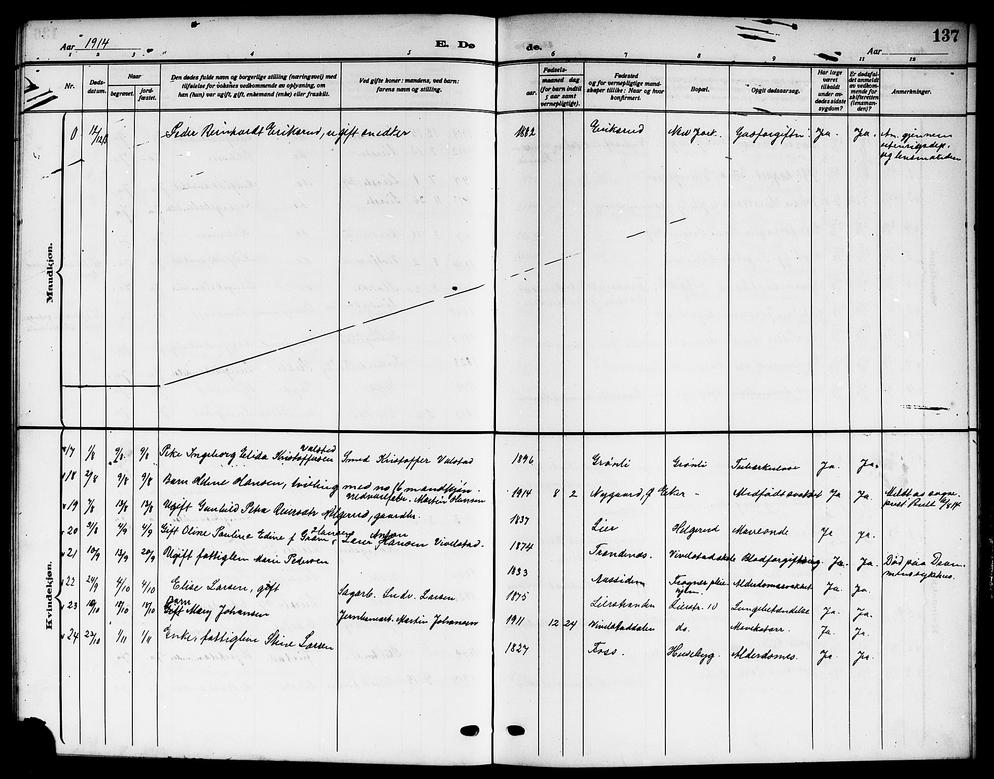 Lier kirkebøker, AV/SAKO-A-230/G/Gb/L0003: Klokkerbok nr. II 3, 1911-1919, s. 137