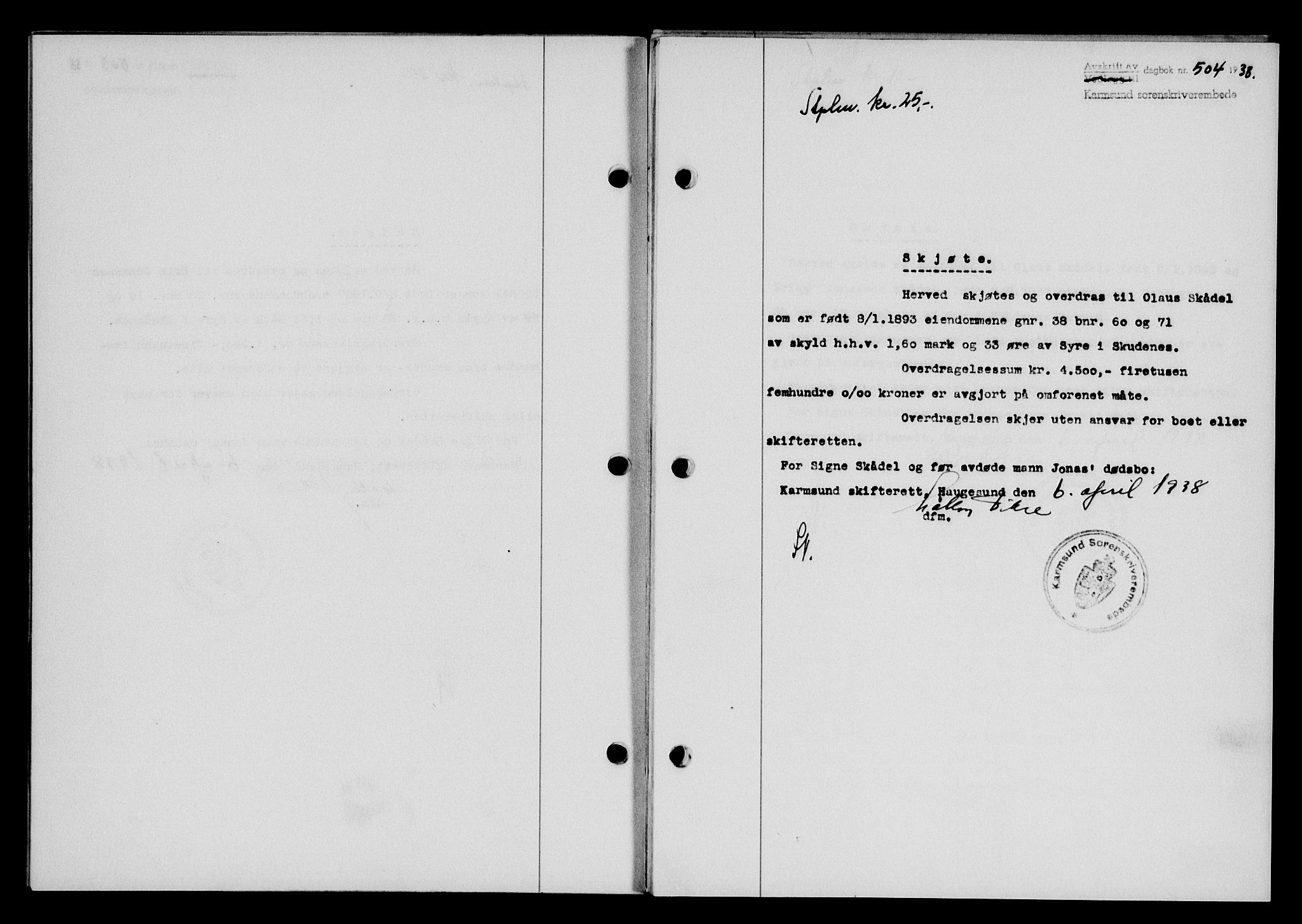 Karmsund sorenskriveri, SAST/A-100311/01/II/IIB/L0069: Pantebok nr. 50A, 1937-1938, Dagboknr: 504/1938