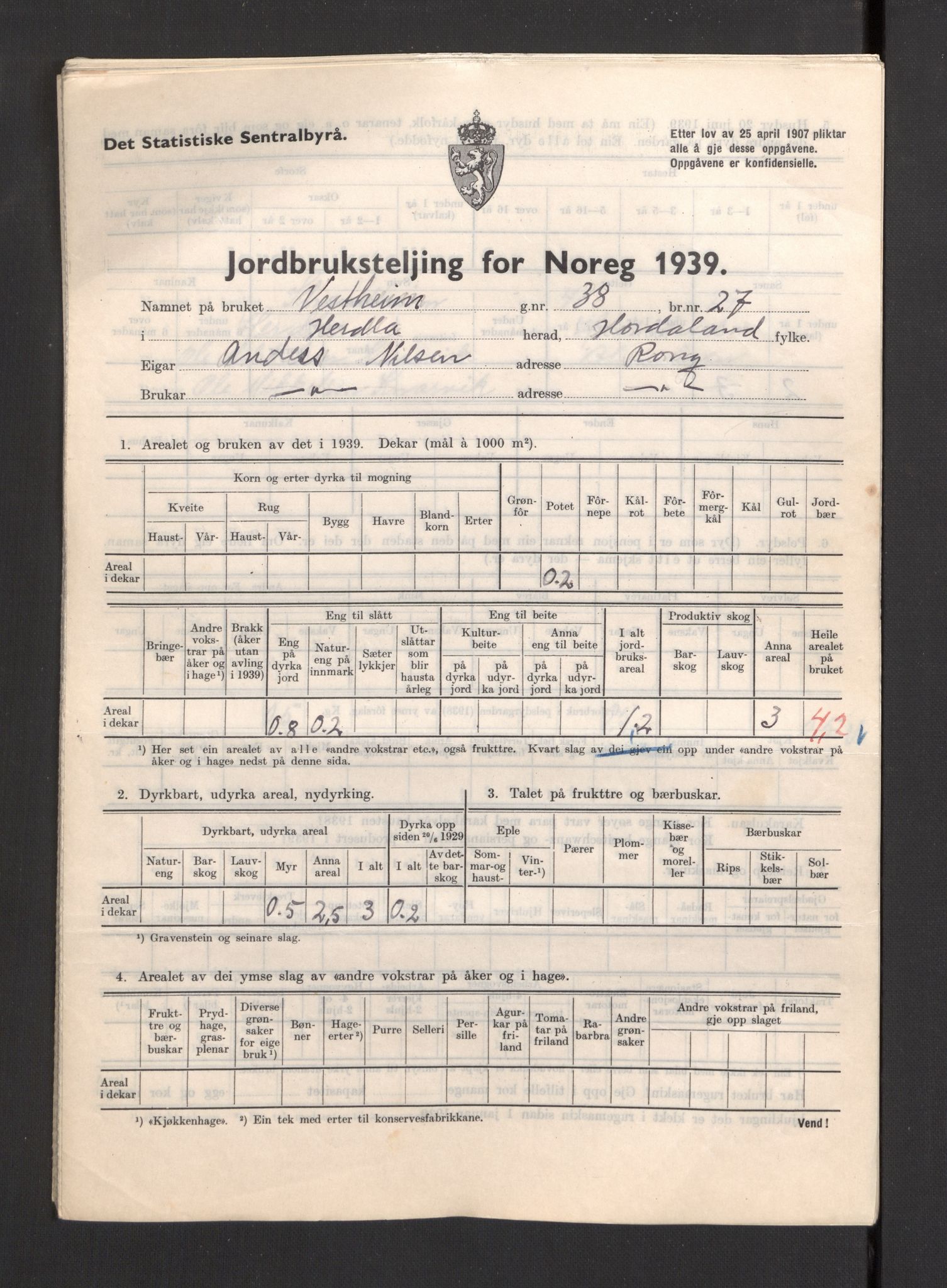 Statistisk sentralbyrå, Næringsøkonomiske emner, Jordbruk, skogbruk, jakt, fiske og fangst, AV/RA-S-2234/G/Gb/L0211: Hordaland: Herdla, Hjelme og Manger, 1939, s. 17