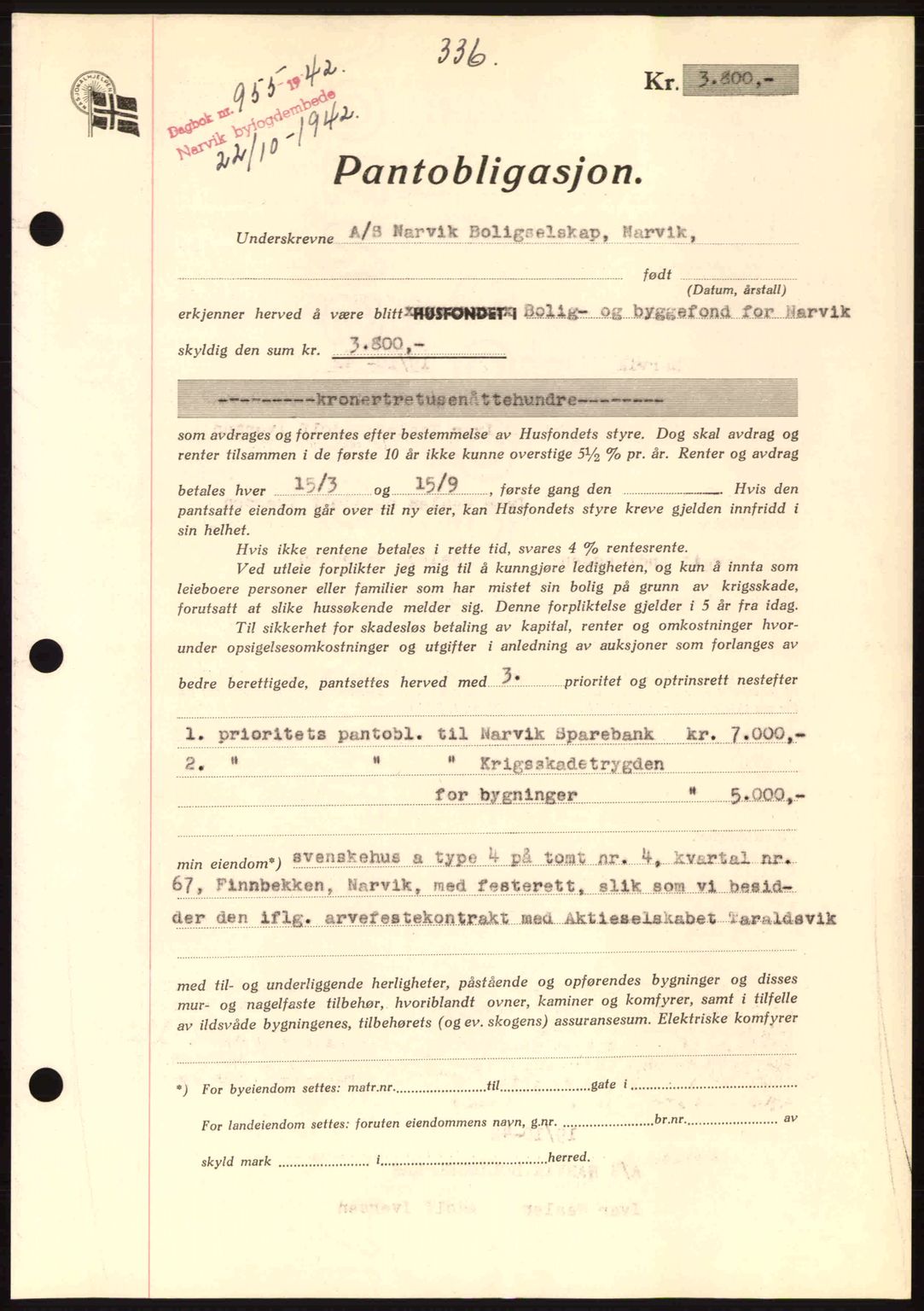 Narvik sorenskriveri, SAT/A-0002/1/2/2C/2Ca: Pantebok nr. A19, 1942-1943, Dagboknr: 955/1942