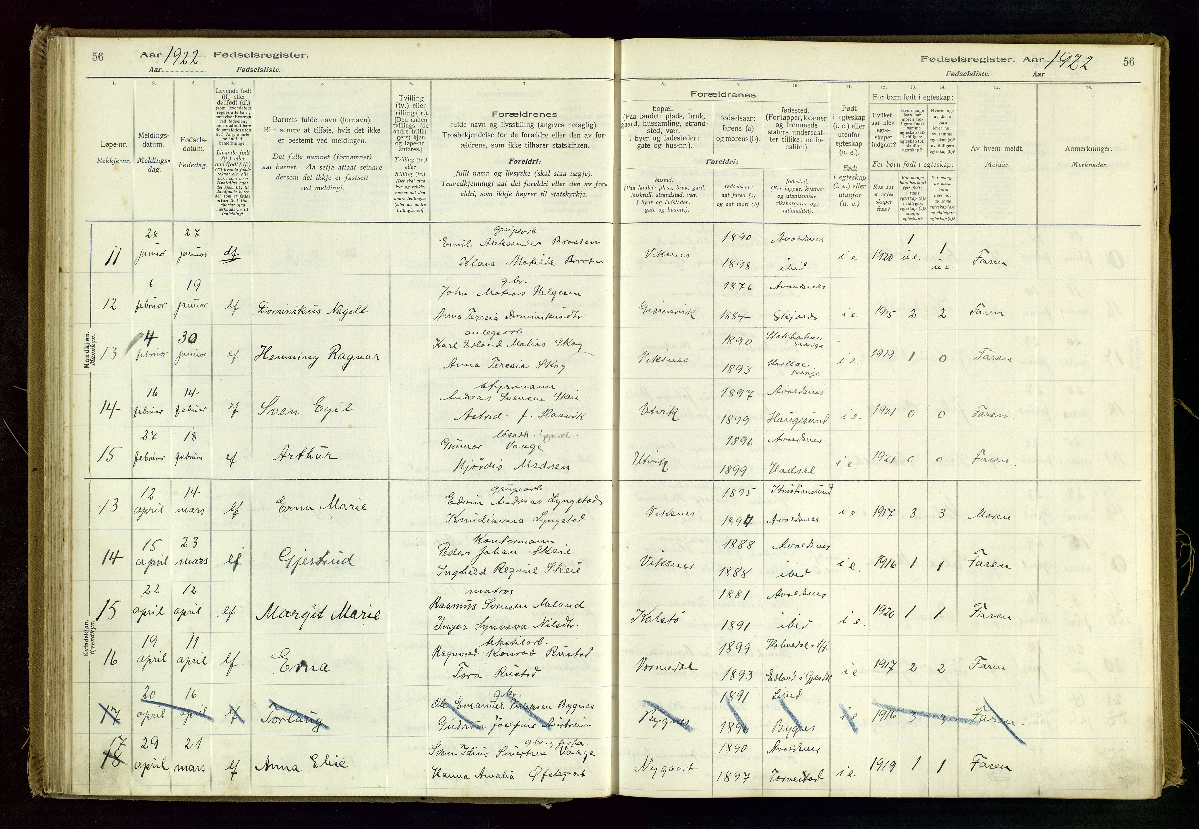 Avaldsnes sokneprestkontor, SAST/A -101851/I/Id/L0001: Fødselsregister nr. 1, 1916-1946, s. 56