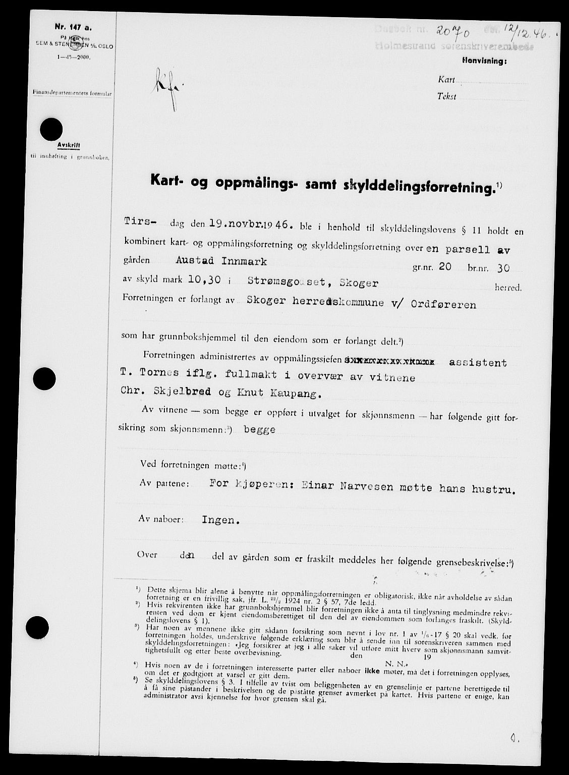 Holmestrand sorenskriveri, SAKO/A-67/G/Ga/Gaa/L0061: Pantebok nr. A-61, 1946-1947, Dagboknr: 2070/1946