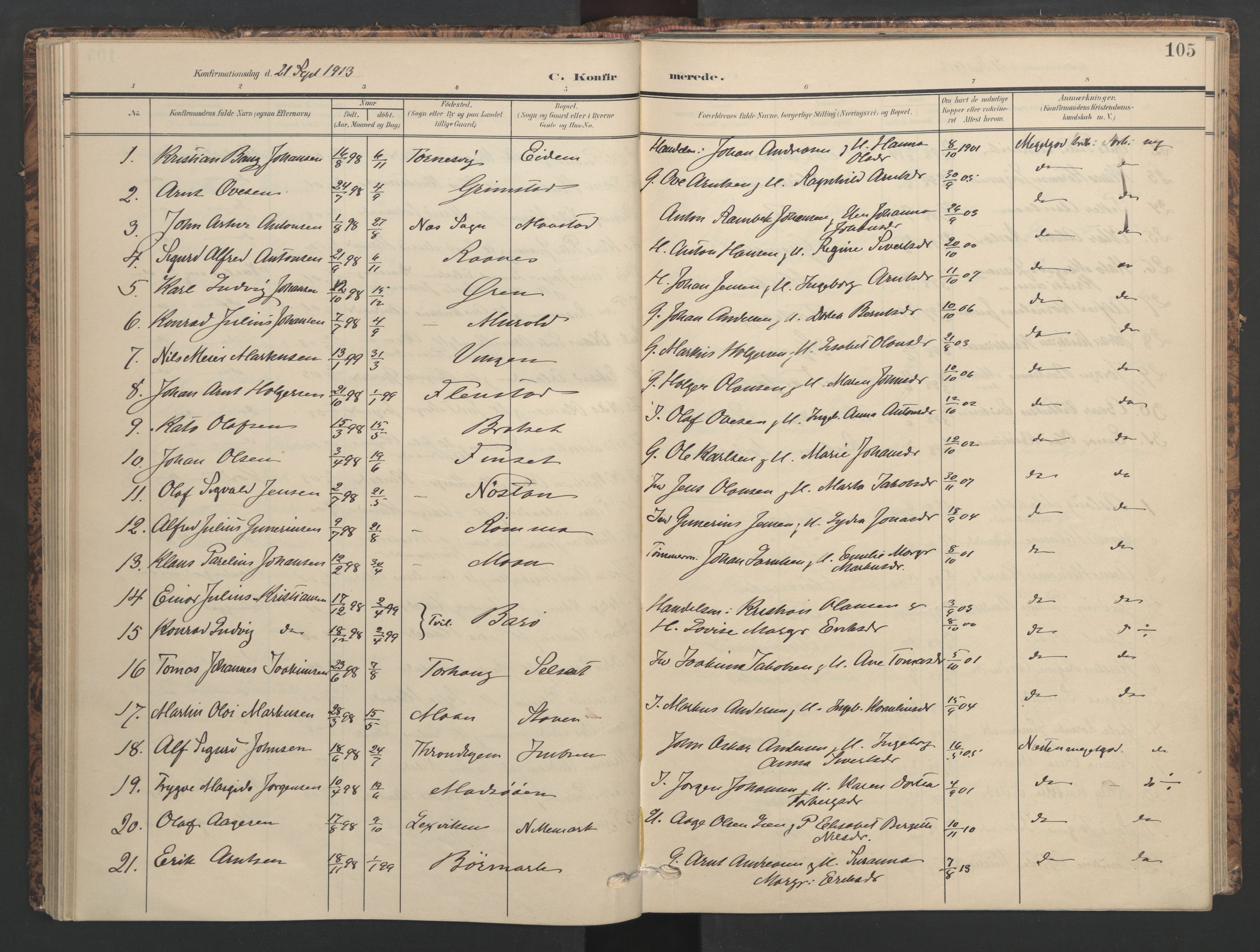 Ministerialprotokoller, klokkerbøker og fødselsregistre - Sør-Trøndelag, AV/SAT-A-1456/655/L0682: Ministerialbok nr. 655A11, 1908-1922, s. 105