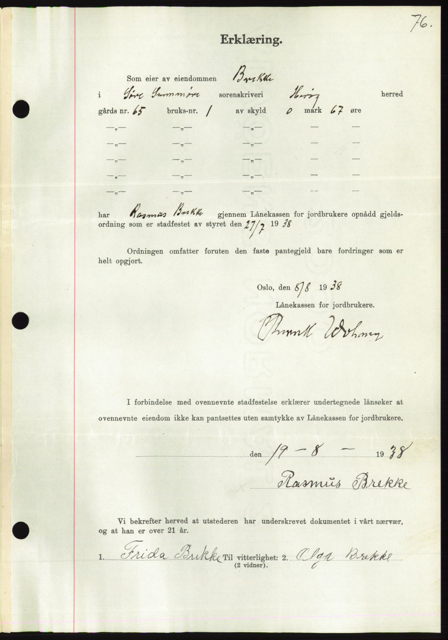 Søre Sunnmøre sorenskriveri, AV/SAT-A-4122/1/2/2C/L0066: Pantebok nr. 60, 1938-1938, Dagboknr: 1162/1938