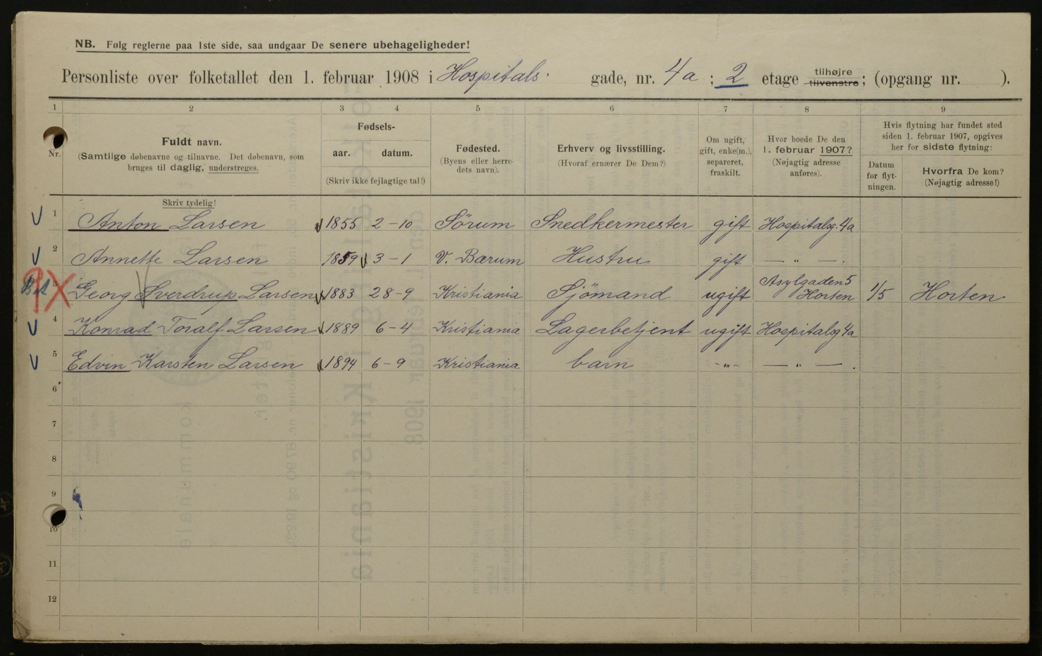 OBA, Kommunal folketelling 1.2.1908 for Kristiania kjøpstad, 1908, s. 37266