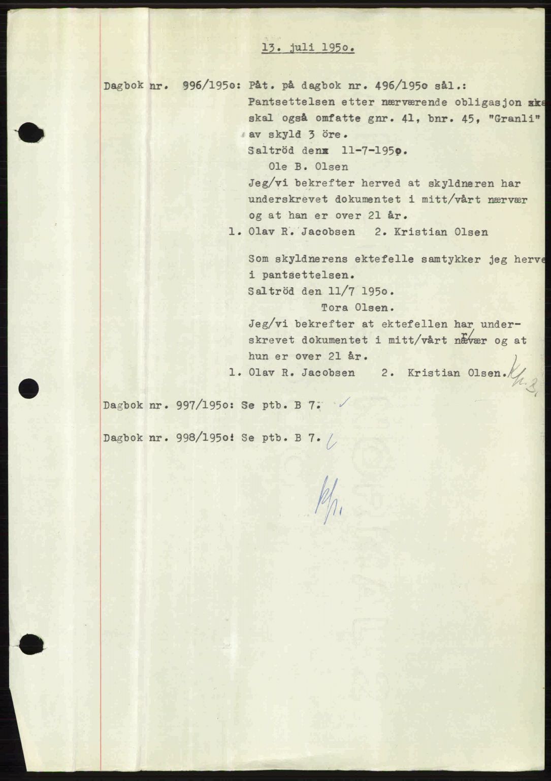 Nedenes sorenskriveri, AV/SAK-1221-0006/G/Gb/Gba/L0062: Pantebok nr. A14, 1949-1950, Dagboknr: 996/1950