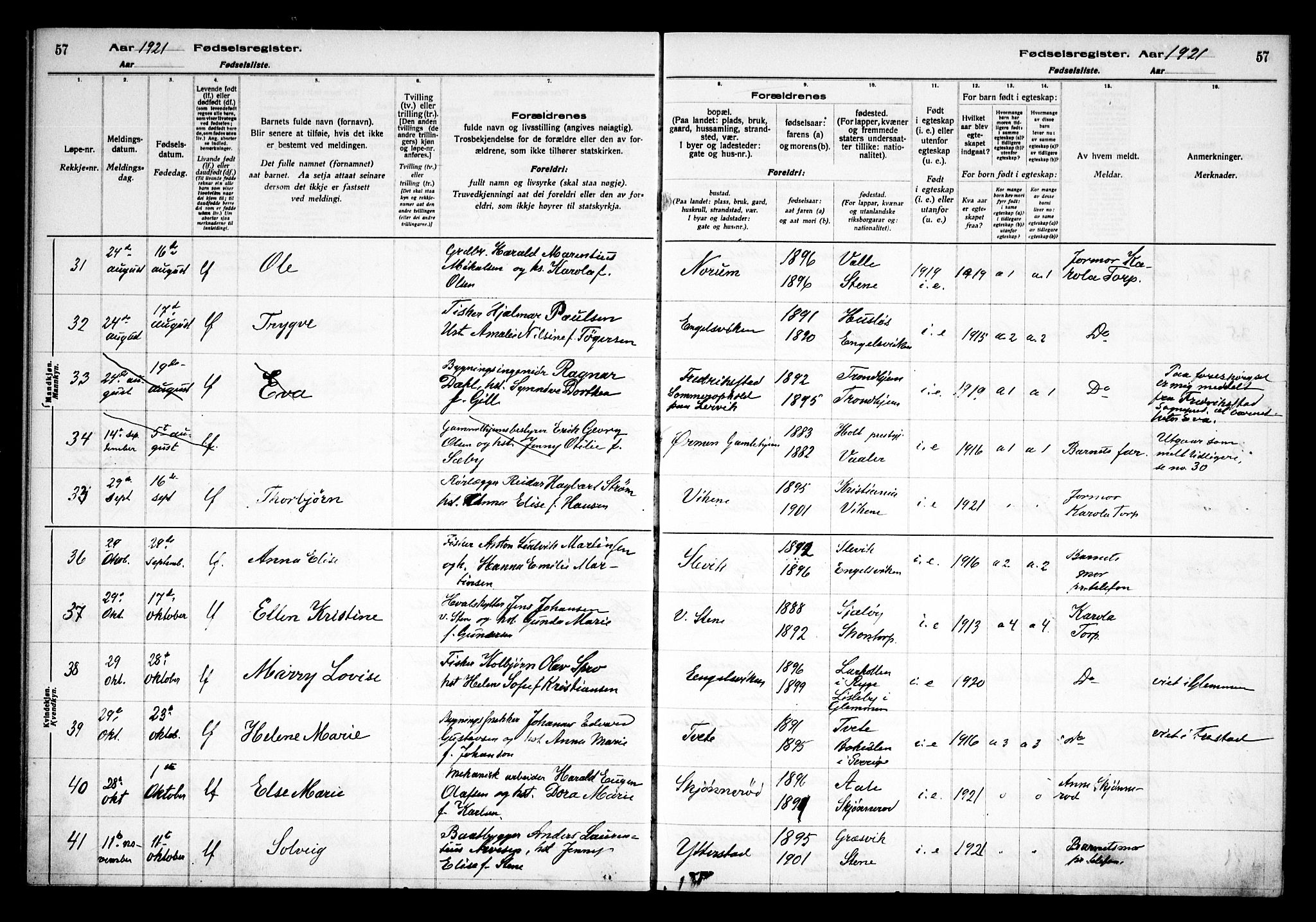 Onsøy prestekontor Kirkebøker, AV/SAO-A-10914/J/Ja/L0001: Fødselsregister nr. I 1, 1916-1937, s. 57