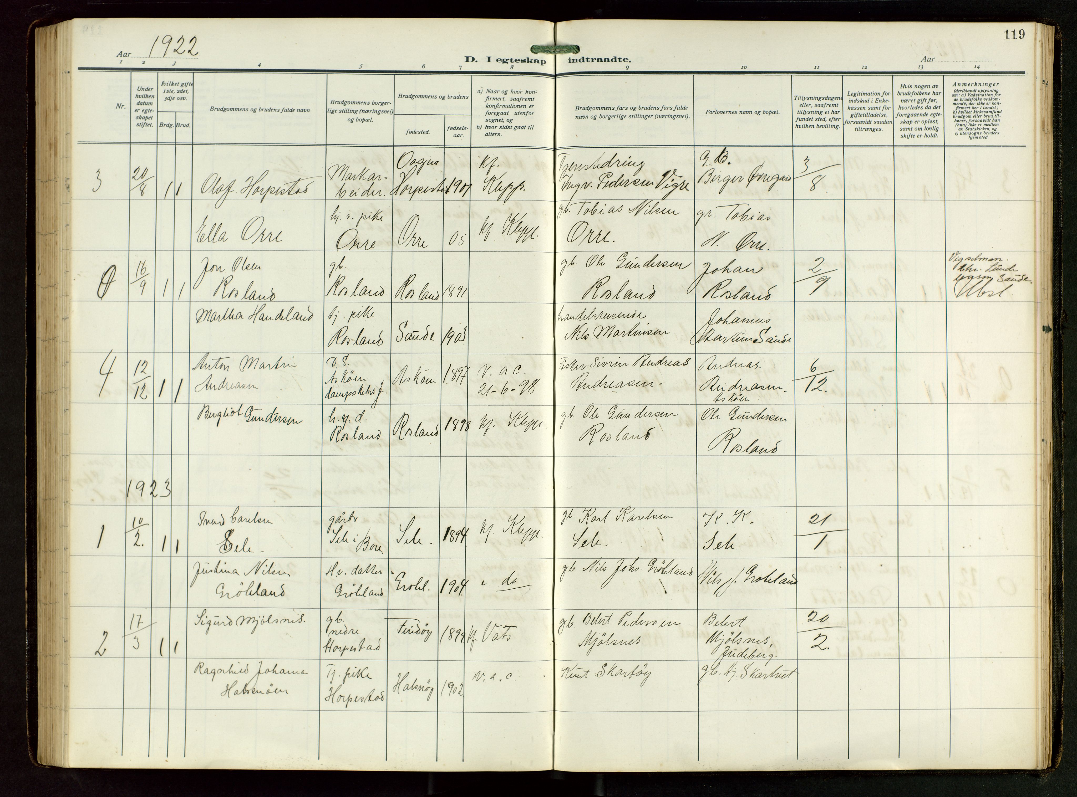 Klepp sokneprestkontor, AV/SAST-A-101803/001/3/30BB/L0008: Klokkerbok nr. B 8, 1918-1949, s. 119