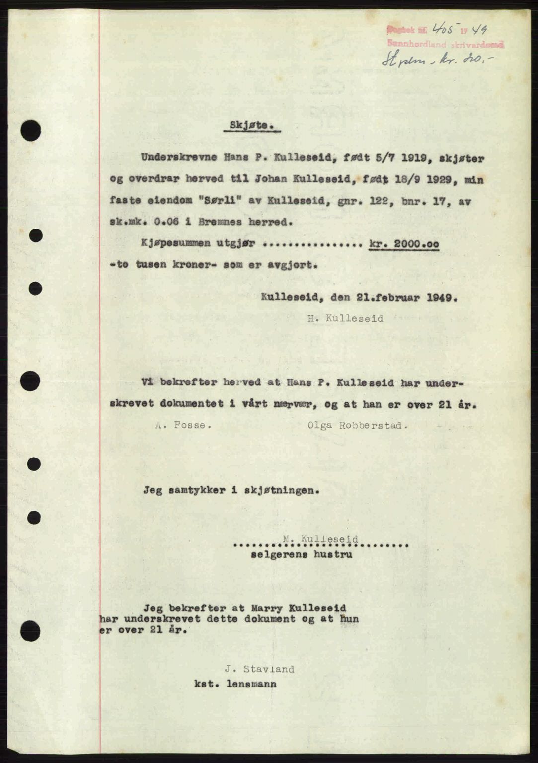 Sunnhordland sorenskrivar, AV/SAB-A-2401: Pantebok nr. A88, 1948-1949, Dagboknr: 405/1949