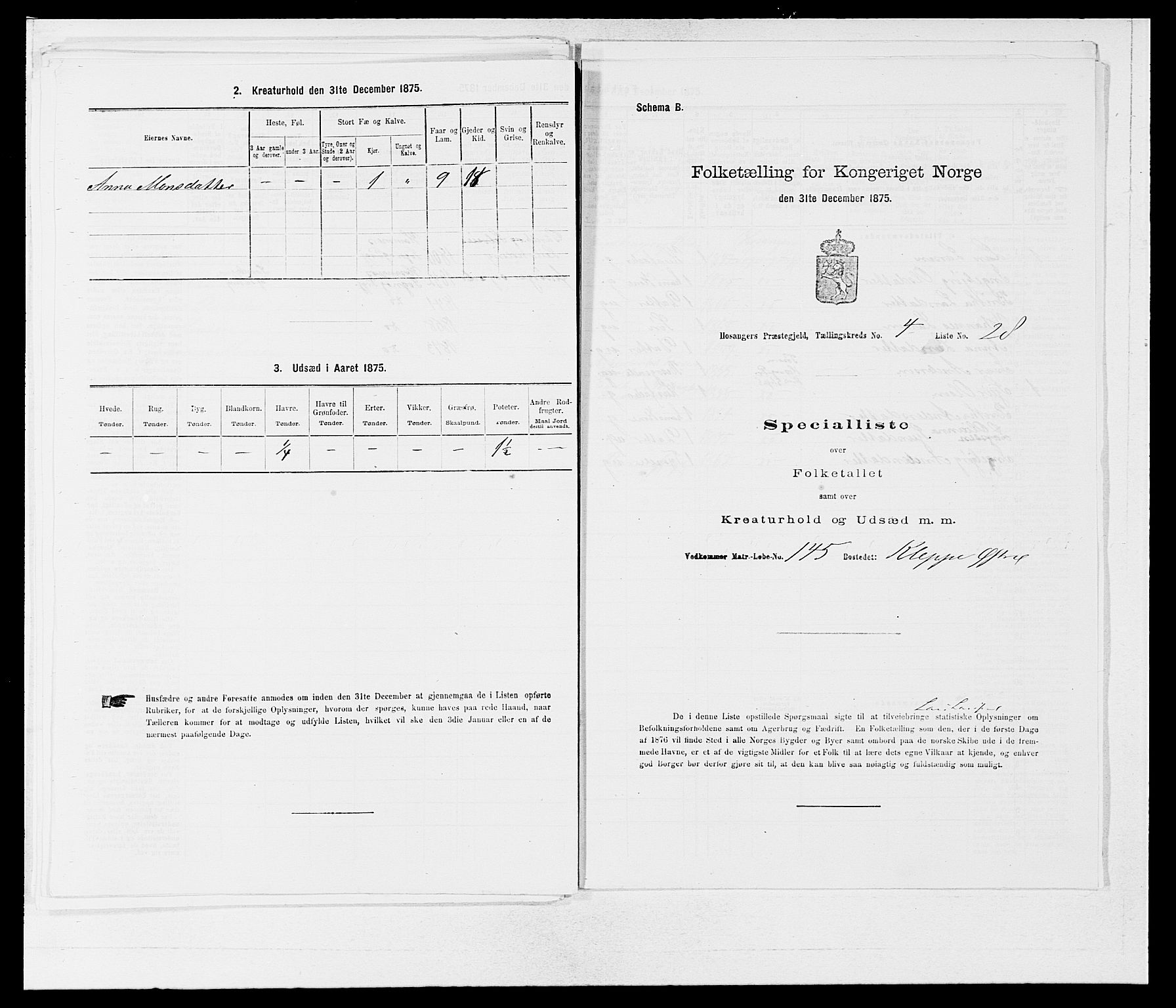 SAB, Folketelling 1875 for 1253P Hosanger prestegjeld, 1875, s. 415