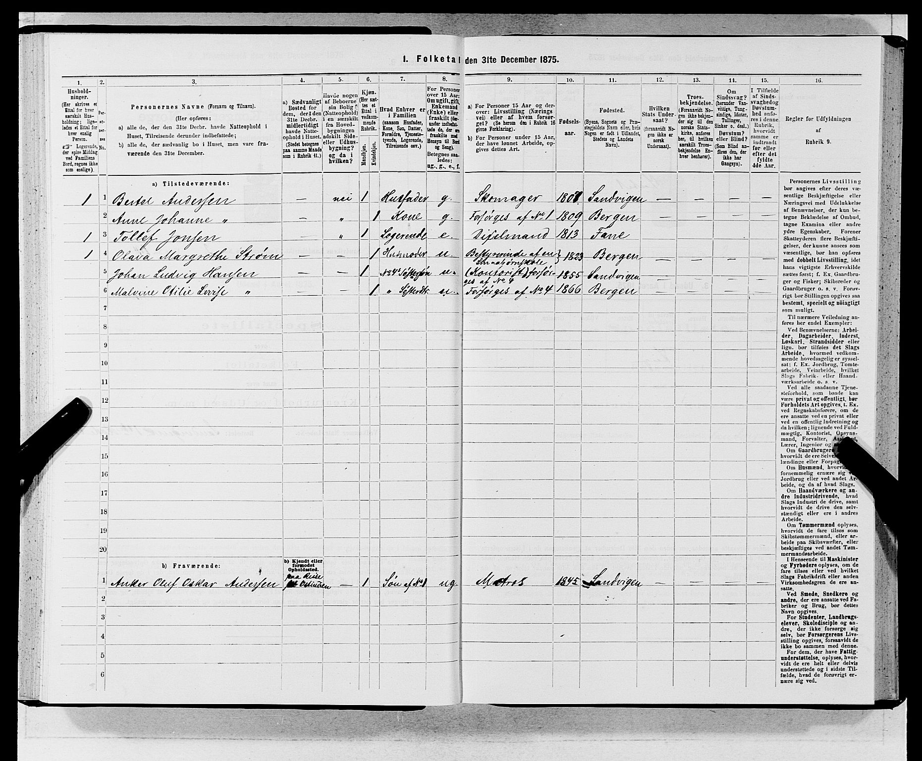 SAB, Folketelling 1875 for 1281L Bergen landdistrikt, Domkirkens landsokn og Sandvikens landsokn, 1875, s. 164