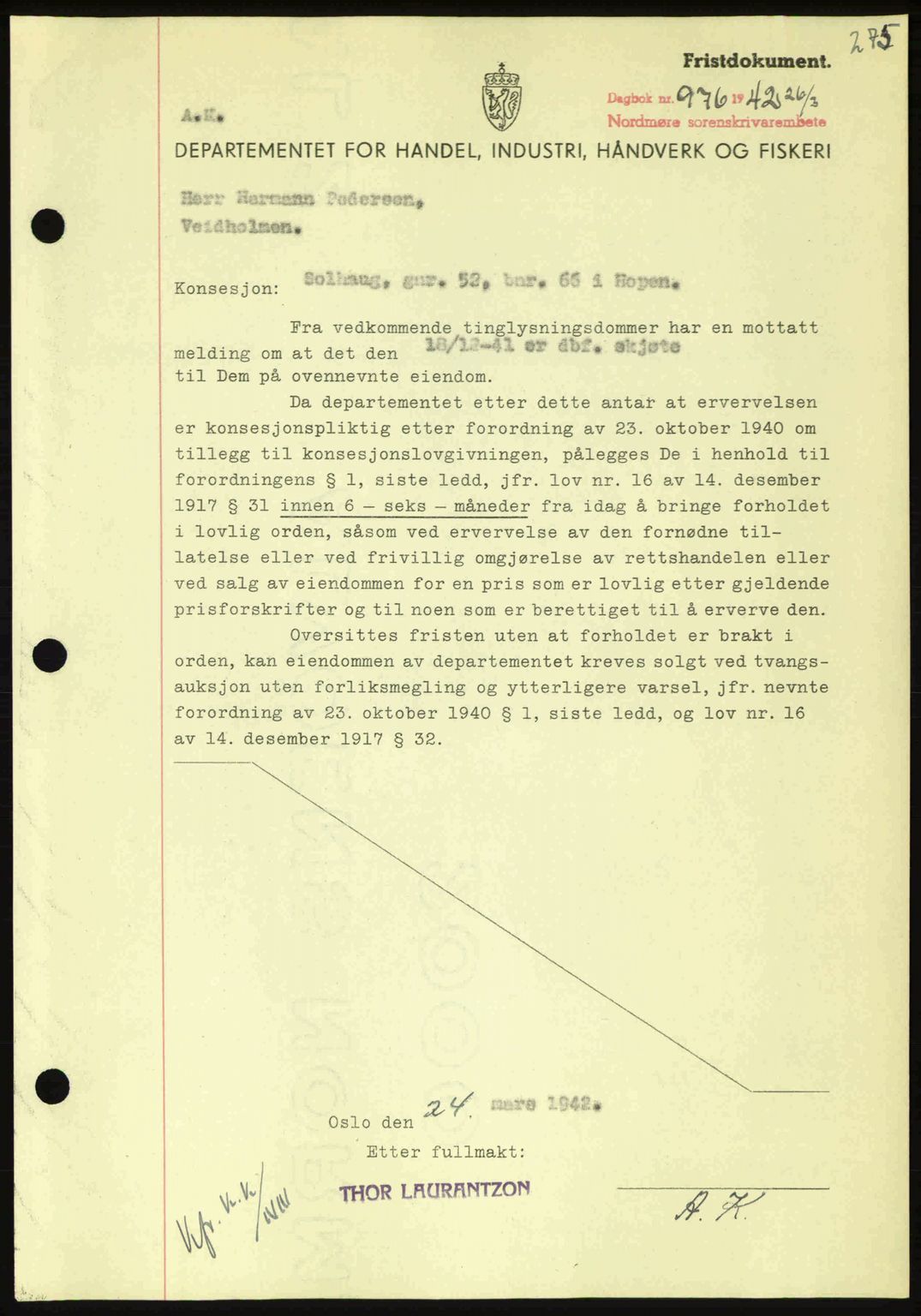 Nordmøre sorenskriveri, AV/SAT-A-4132/1/2/2Ca: Pantebok nr. B89, 1942-1942, Dagboknr: 976/1942