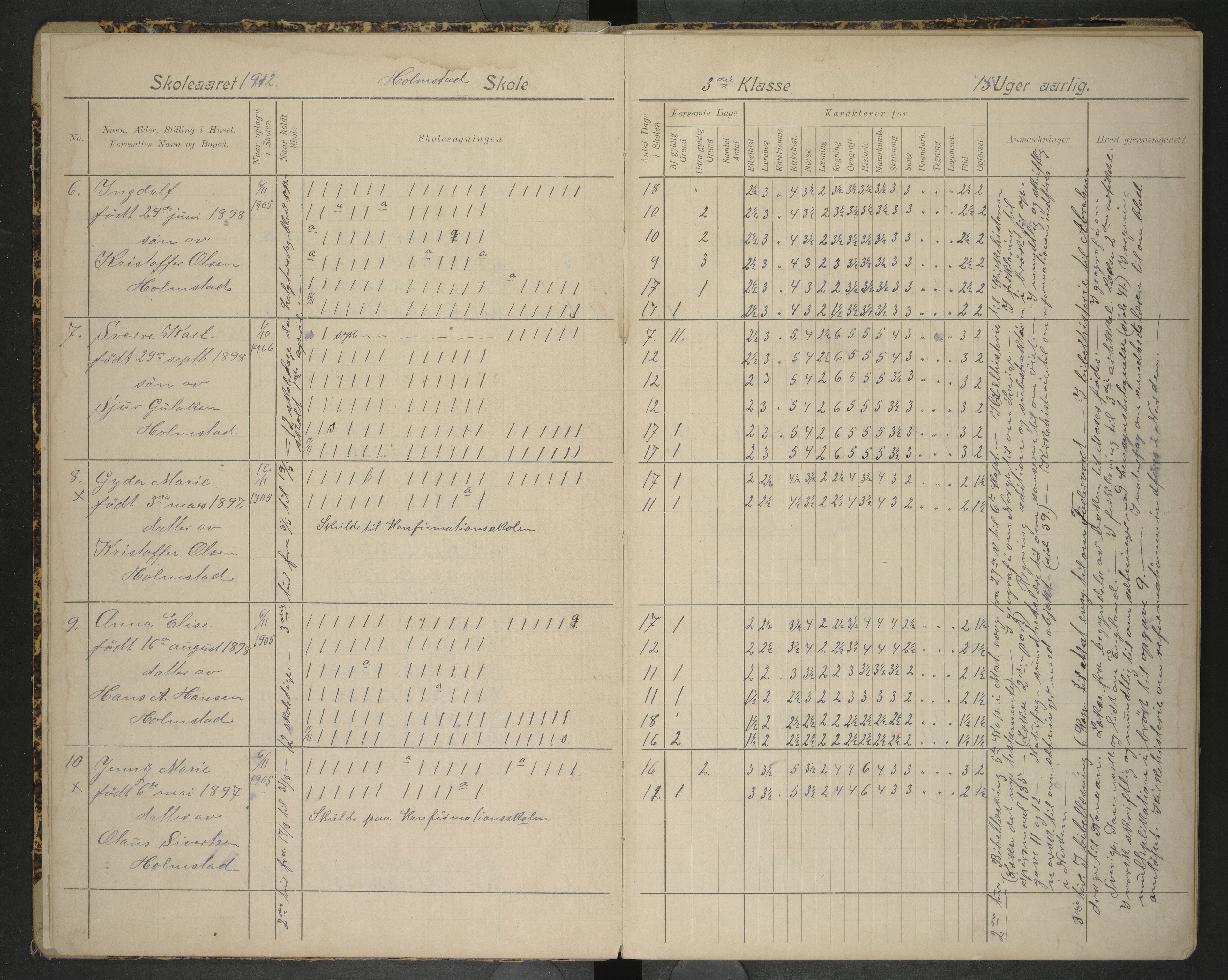 Hadsel kommune. Holmstad og Valfjord skolekrets, AIN/K-18660.510.50/F/L0002: Skoleprotokoll Holmstad og Valfjord skole, 1912-1918