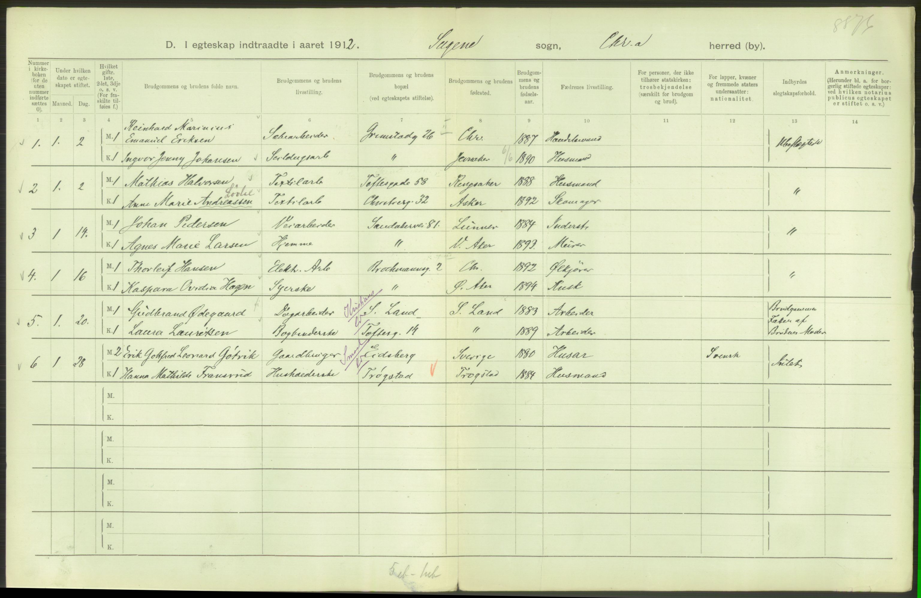 Statistisk sentralbyrå, Sosiodemografiske emner, Befolkning, RA/S-2228/D/Df/Dfb/Dfbb/L0008: Kristiania: Gifte, 1912, s. 456