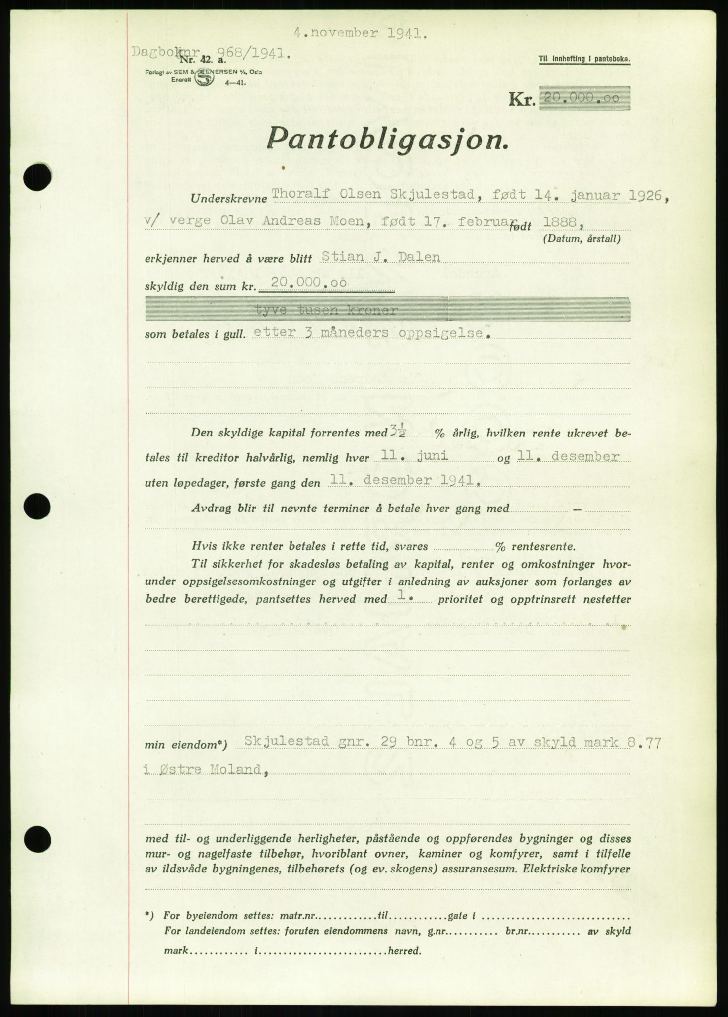 Nedenes sorenskriveri, SAK/1221-0006/G/Gb/Gbb/L0001: Pantebok nr. I, 1939-1942, Dagboknr: 968/1941