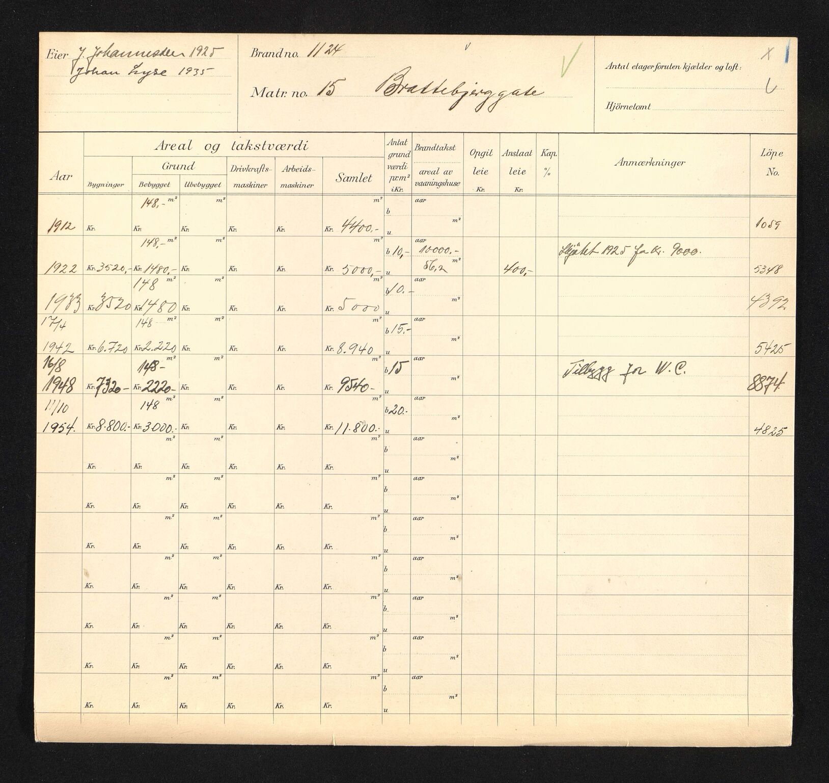 Stavanger kommune. Skattetakstvesenet, BYST/A-0440/F/Fa/Faa/L0006/0001: Skattetakstkort / Bratteberggata 15 - Breibakken 20