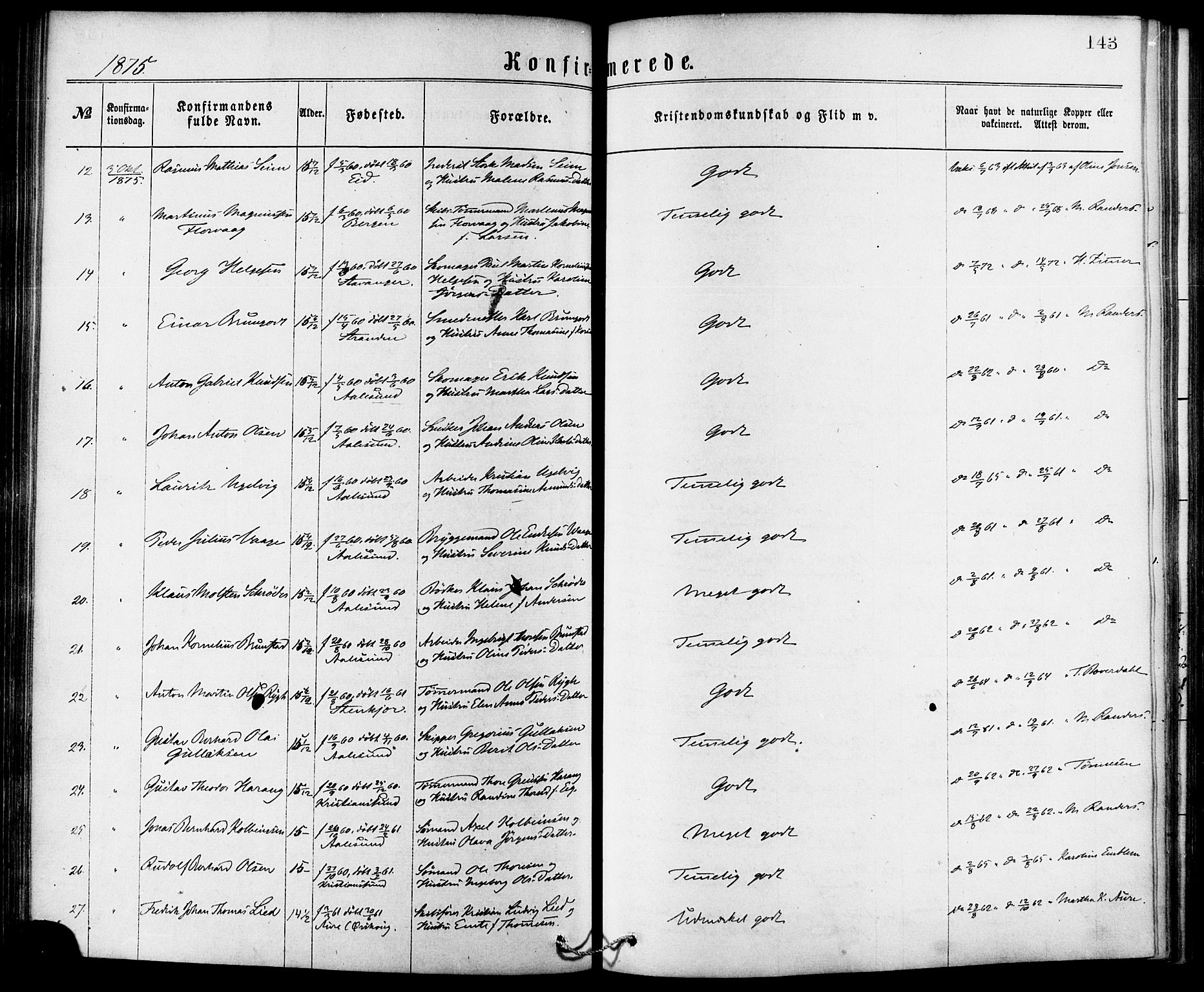 Ministerialprotokoller, klokkerbøker og fødselsregistre - Møre og Romsdal, AV/SAT-A-1454/529/L0453: Ministerialbok nr. 529A03, 1872-1877, s. 143