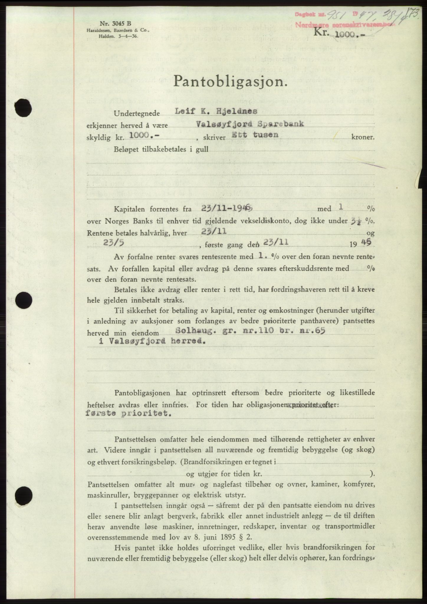 Nordmøre sorenskriveri, SAT/A-4132/1/2/2Ca: Pantebok nr. B96, 1947-1947, Dagboknr: 951/1947